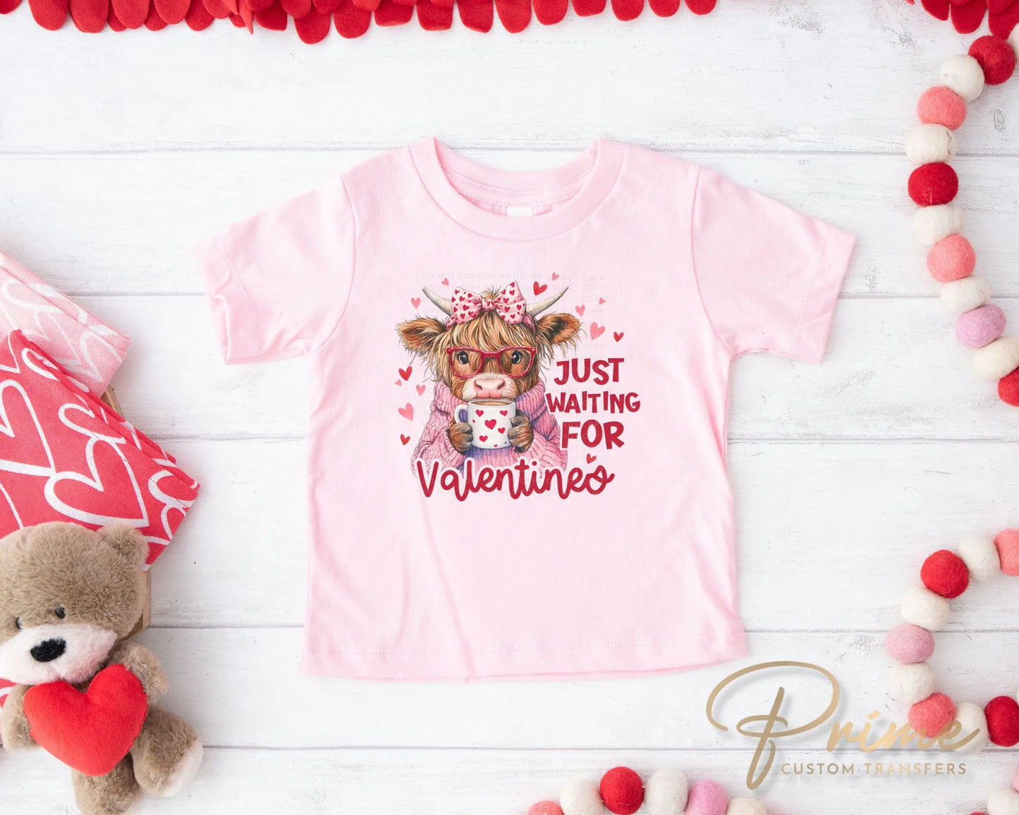 Valentine's Day DTF Transfers, Ready to Press, T-shirt Transfers, Heat Transfer, Direct to Film, Holiday, Kids, Hearts, Cute Highland Cow