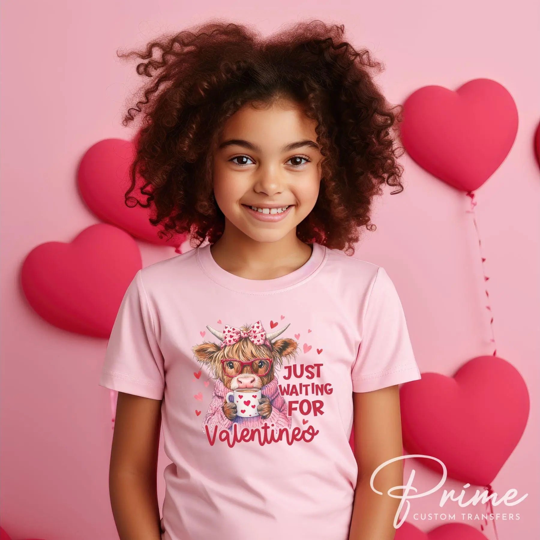 Valentine's Day DTF Transfers, Ready to Press, T-shirt Transfers, Heat Transfer, Direct to Film, Holiday, Kids, Hearts, Cute Highland Cow