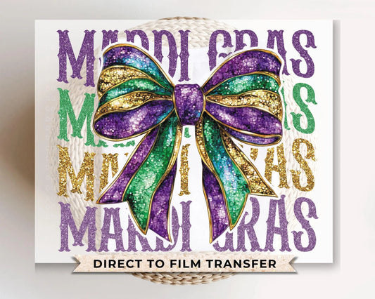 Mardi Gras DTF Transfer, Ready to Press, T-shirt Transfer, Heat Transfer, Direct to Film, Louisiana New Orleans, Coquette Bow FAUX Glitter
