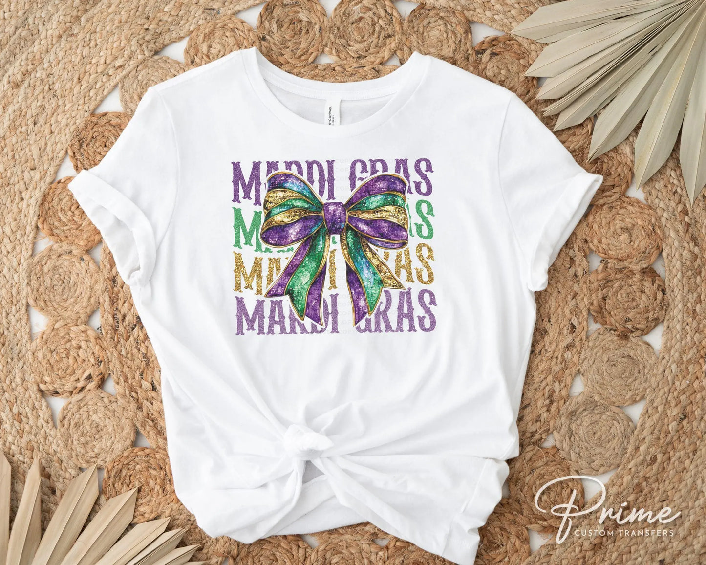 Mardi Gras DTF Transfer, Ready to Press, T-shirt Transfer, Heat Transfer, Direct to Film, Louisiana New Orleans, Coquette Bow FAUX Glitter