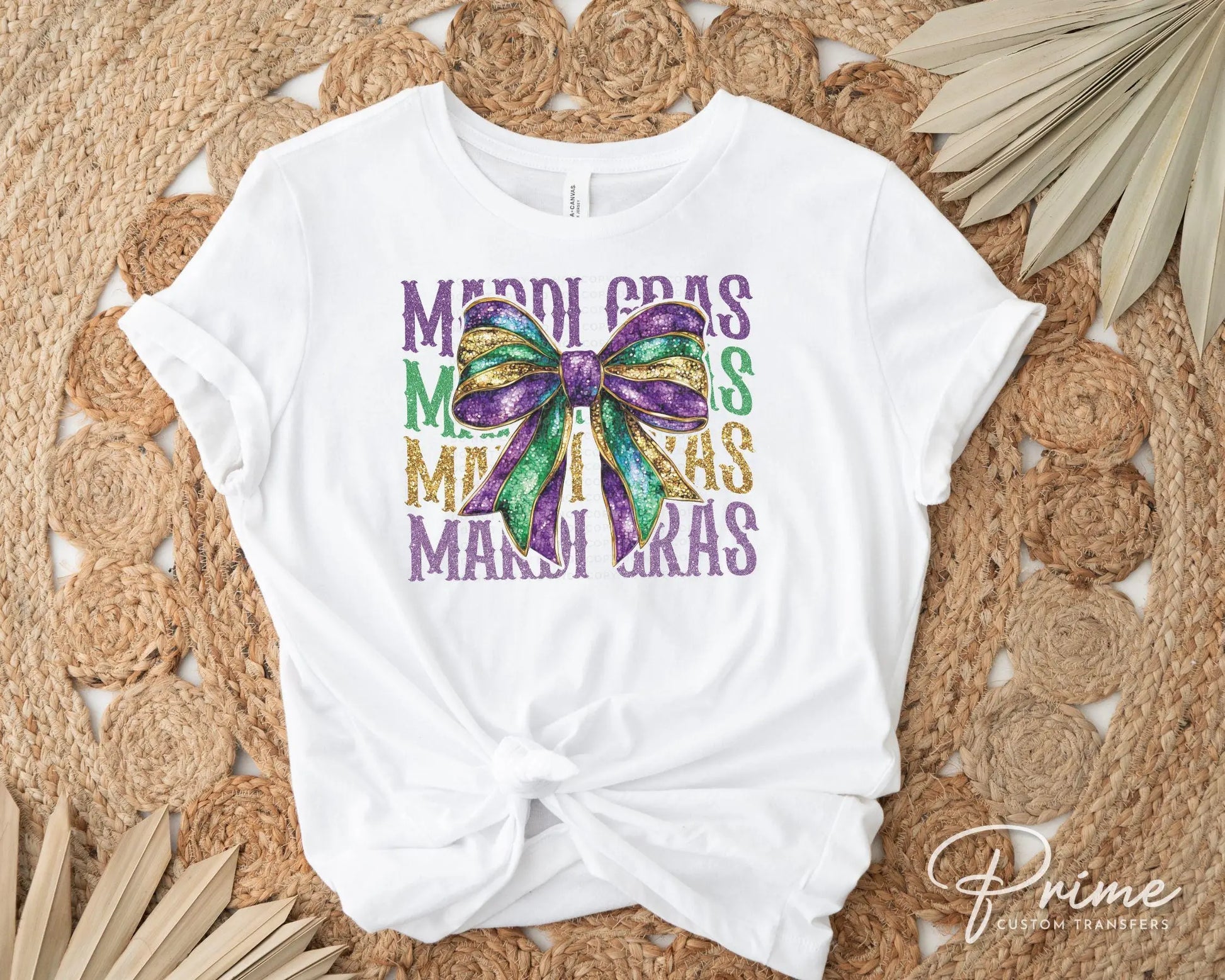 Mardi Gras DTF Transfer, Ready to Press, T-shirt Transfer, Heat Transfer, Direct to Film, Louisiana New Orleans, Coquette Bow FAUX Glitter