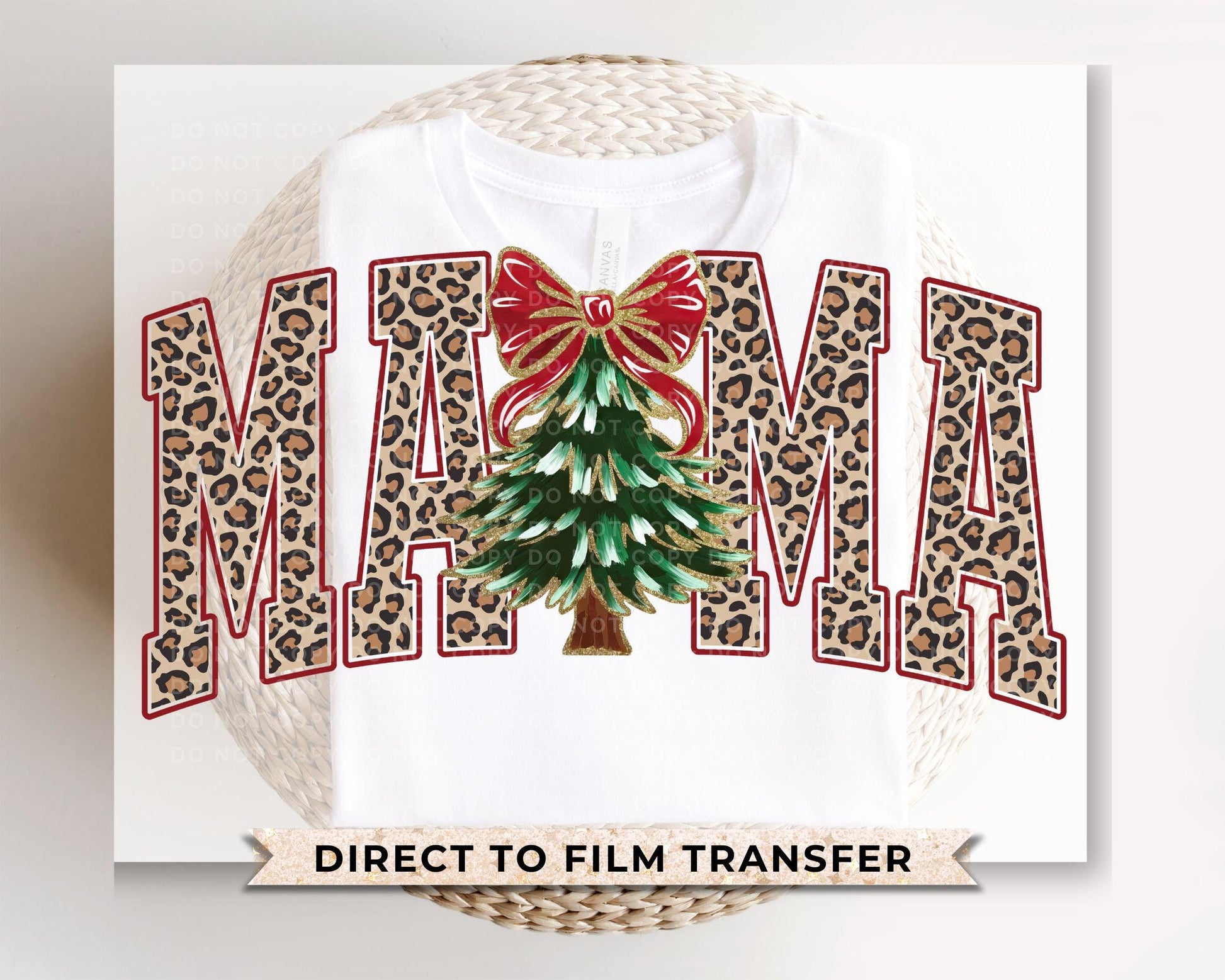 Christmas DTF Transfer, Ready to Press, T-shirt Transfers, Heat Transfer, Direct to Film, Holiday, FAUX Glitter, Coquette Bow, Leopard Mama