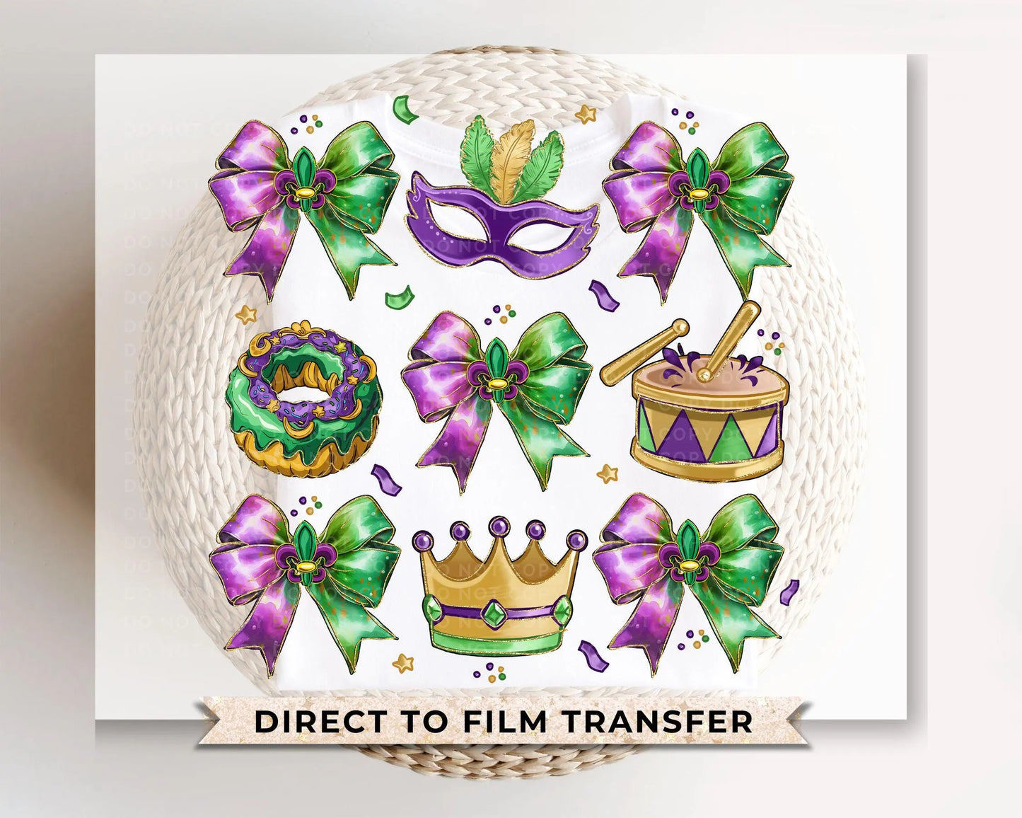 Mardi Gras DTF Transfer, Ready to Press, T-shirt Transfer, Heat Transfer, Direct to Film, Louisiana New Orleans, Coquette Bow FAUX Glitter