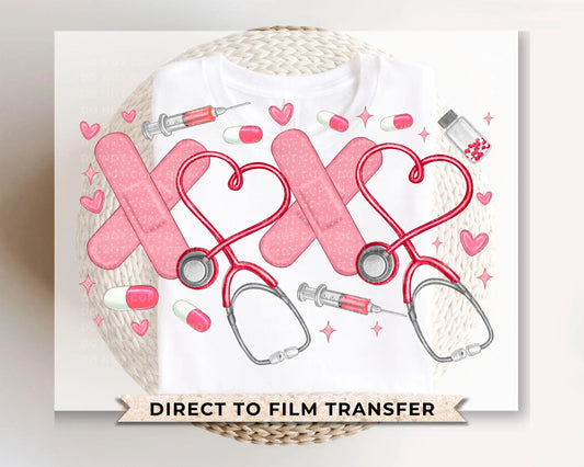 Valentine's Day DTF Transfer, Ready to Press, T-shirt Transfer, Heat Transfer, Direct to Film, CNA, Nurse, Coquette, Xoxo Stethoscope Hearts