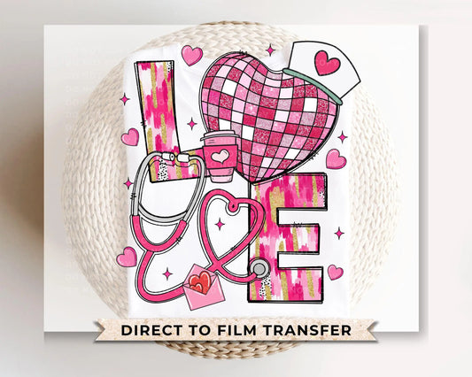 Valentine's Day DTF Transfer, Ready to Press, T-shirt Transfer, Heat Transfer, Direct to Film, Pink Hearts, Disco, CNA, Nurse, Coquette Bow