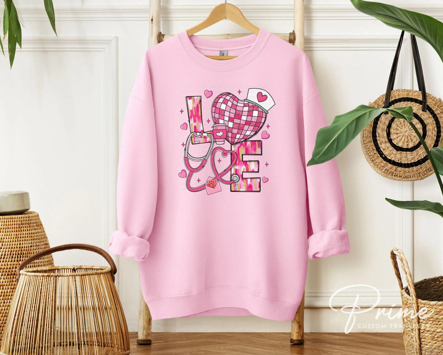 Valentine's Day DTF Transfer, Ready to Press, T-shirt Transfer, Heat Transfer, Direct to Film, Pink Hearts, Disco, CNA, Nurse, Coquette Bow