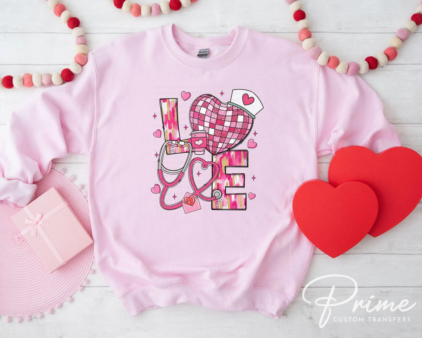 Valentine's Day DTF Transfer, Ready to Press, T-shirt Transfer, Heat Transfer, Direct to Film, Pink Hearts, Disco, CNA, Nurse, Coquette Bow