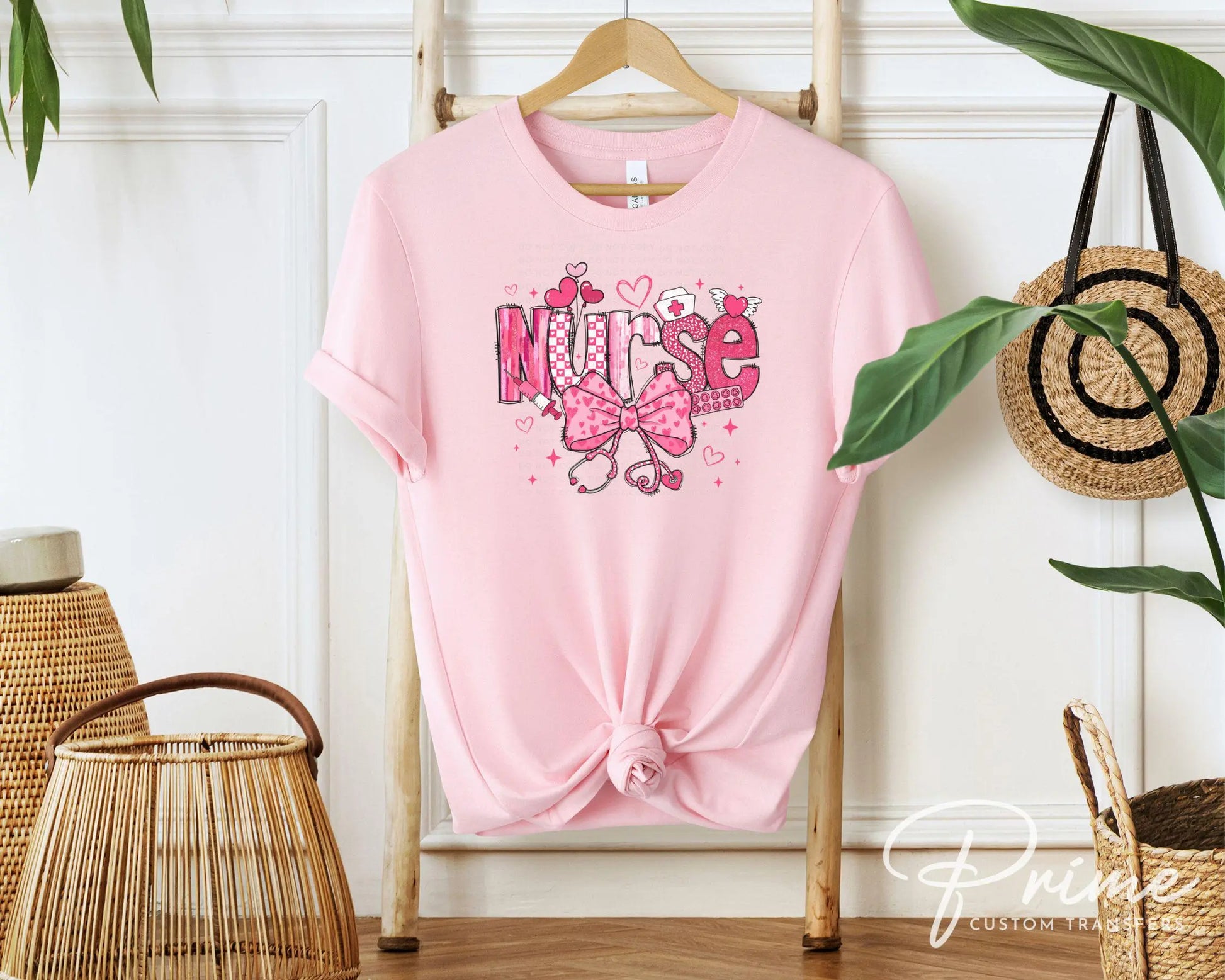 Valentine's Day DTF Transfer, Ready to Press, T-shirt Transfer, Heat Transfer, Direct to Film, Hearts, CNA, Nurse Gift, Coquette Bow Pink