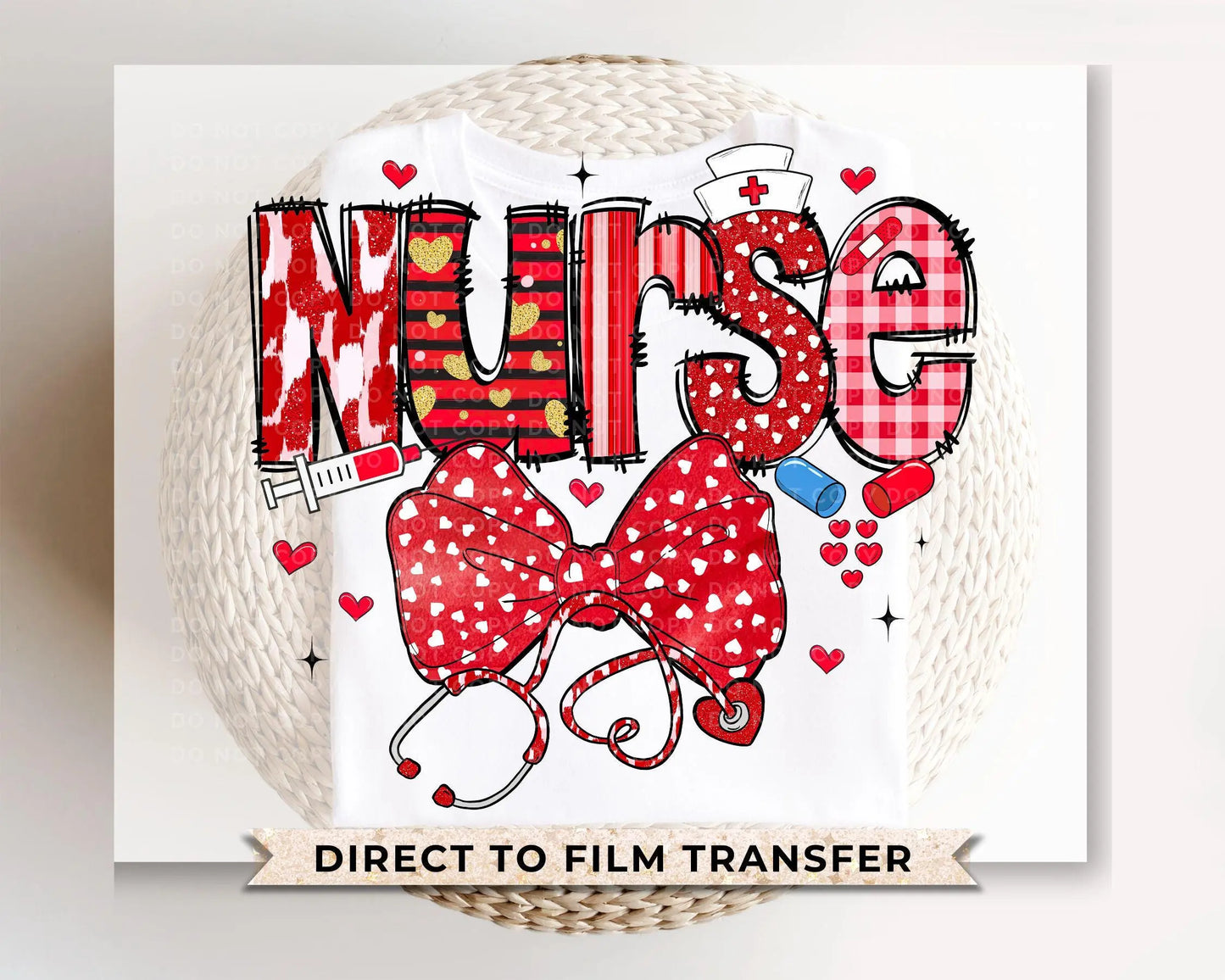 Valentine's Day DTF Transfer, Ready to Press, T-shirt Transfer, Heat Transfer, Direct to Film, Hearts, CNA, Nurse Gift, Coquette Bow, Red