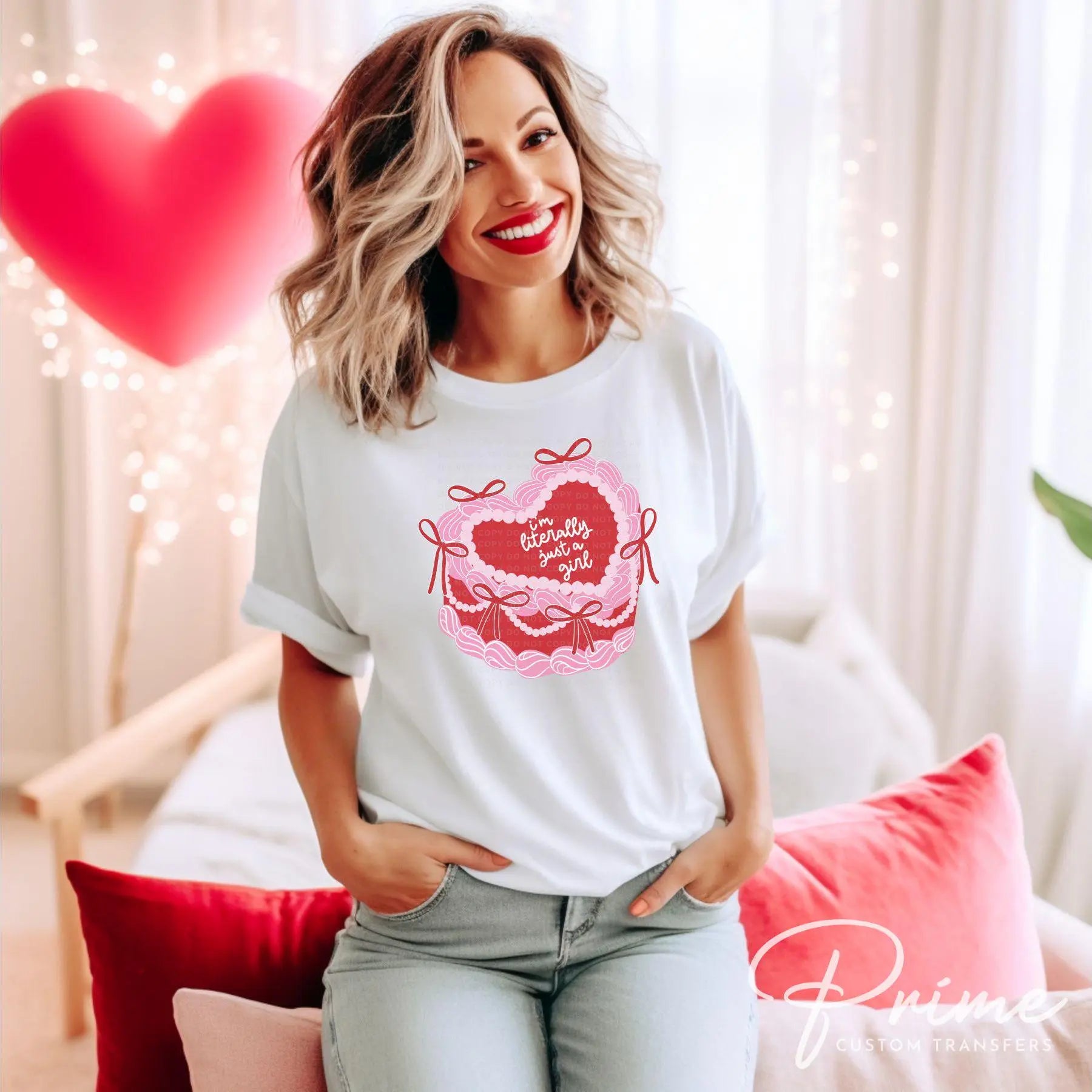 Valentine's Day DTF Transfers, Ready to Press, T-shirt Transfers, Heat Transfer, Direct to Film, Bows, Girly, Trendy. Coquette Heart Cake