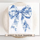Blue Floral Bow DTF Transfers, Ready to Press, T-shirt Transfer, Heat Transfer, Direct to Film, Coquette Toile Chinoiserie Bow