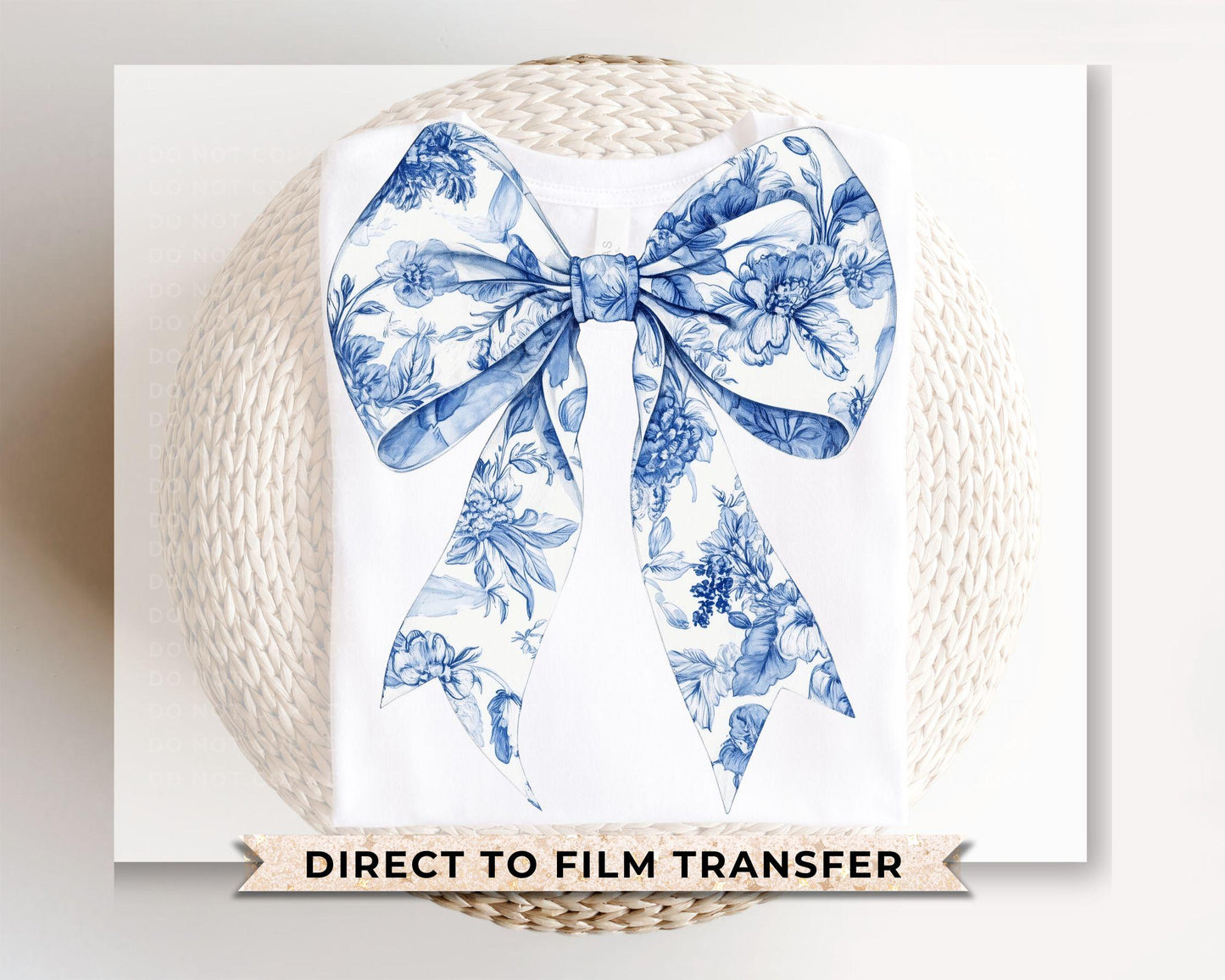 Blue Floral Bow DTF Transfers, Ready to Press, T-shirt Transfer, Heat Transfer, Direct to Film, Coquette Toile Chinoiserie Bow