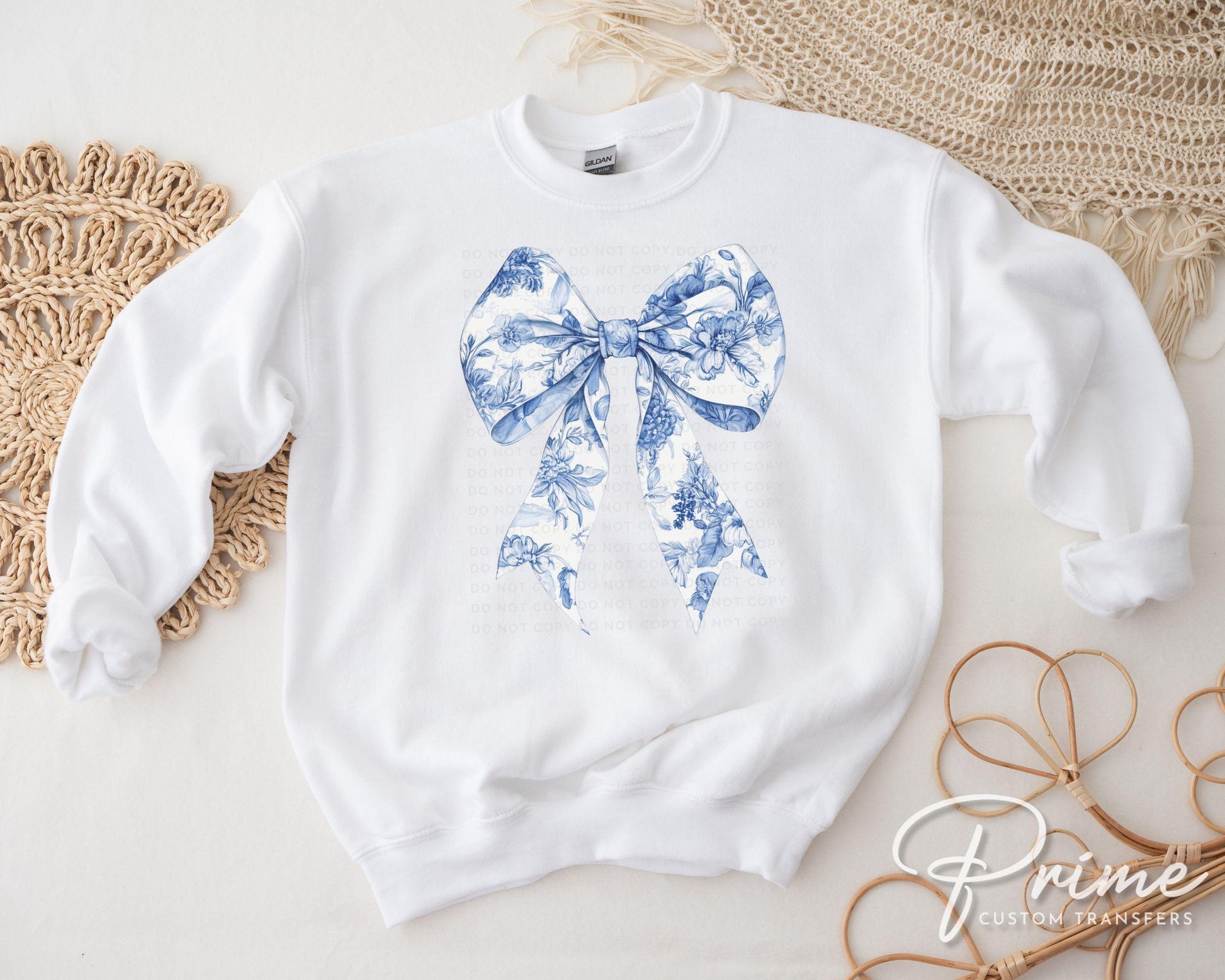 Blue Floral Bow DTF Transfers, Ready to Press, T-shirt Transfer, Heat Transfer, Direct to Film, Coquette Toile Chinoiserie Bow