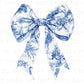 Blue Floral Bow DTF Transfers, Ready to Press, T-shirt Transfer, Heat Transfer, Direct to Film, Coquette Toile Chinoiserie Bow
