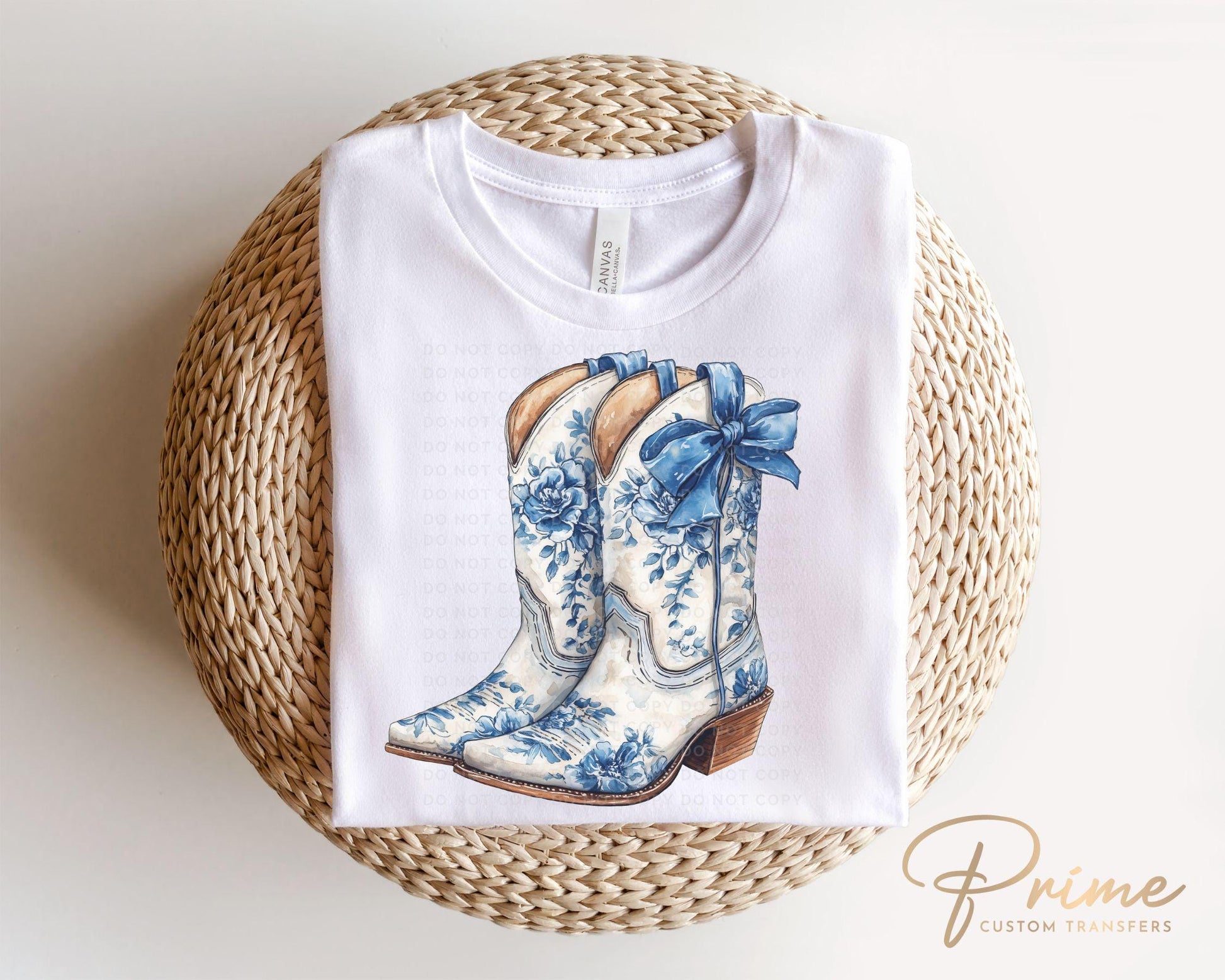 Blue Floral Boots DTF Transfer, Ready to Press, T-shirt Transfers Heat Transfer, Direct to Film, Western, Cowgirl, Coquette Blue Chinoiserie
