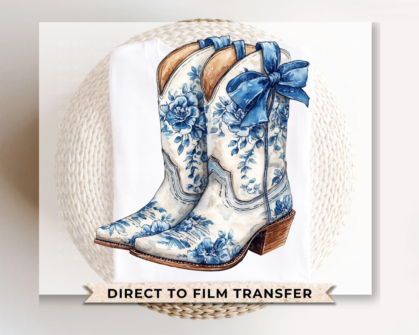 Blue Floral Boots DTF Transfer, Ready to Press, T-shirt Transfers Heat Transfer, Direct to Film, Western, Cowgirl, Coquette Blue Chinoiserie