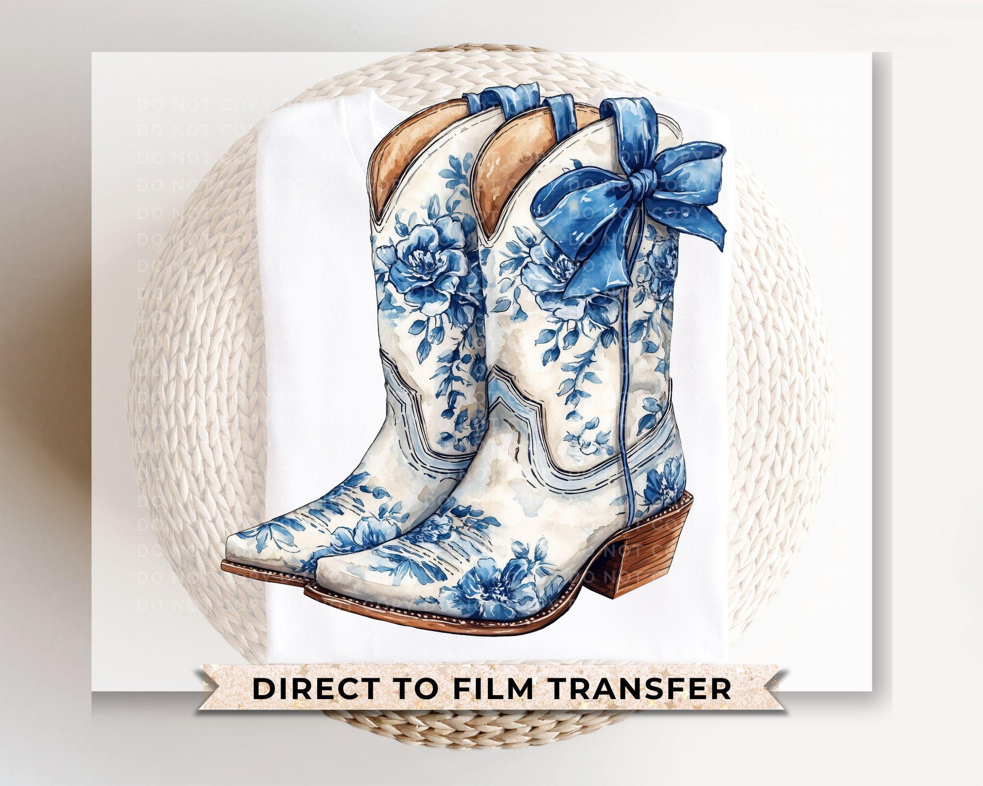 Blue Floral Boots DTF Transfer, Ready to Press, T-shirt Transfers Heat Transfer, Direct to Film, Western, Cowgirl, Coquette Blue Chinoiserie