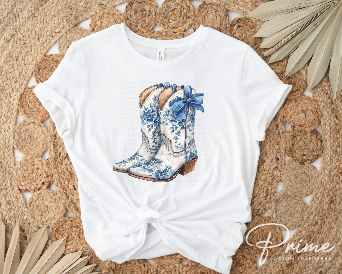 Blue Floral Boots DTF Transfer, Ready to Press, T-shirt Transfers Heat Transfer, Direct to Film, Western, Cowgirl, Coquette Blue Chinoiserie