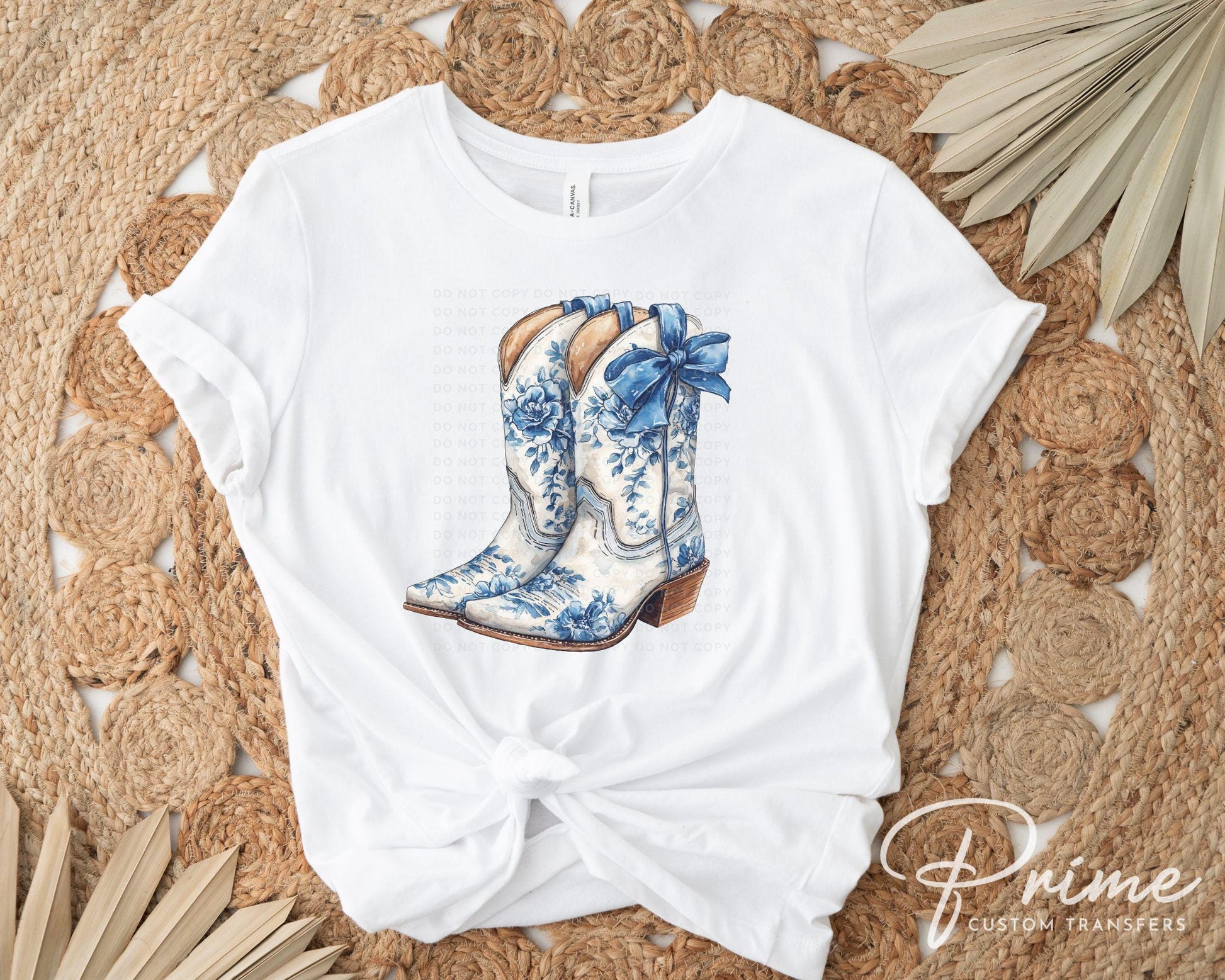Blue Floral Boots DTF Transfer, Ready to Press, T-shirt Transfers Heat Transfer, Direct to Film, Western, Cowgirl, Coquette Blue Chinoiserie
