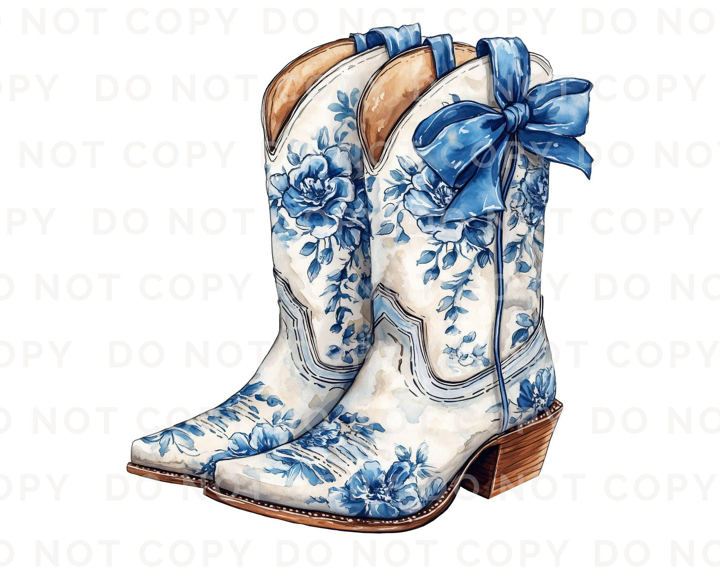 Blue Floral Boots DTF Transfer, Ready to Press, T-shirt Transfers Heat Transfer, Direct to Film, Western, Cowgirl, Coquette Blue Chinoiserie