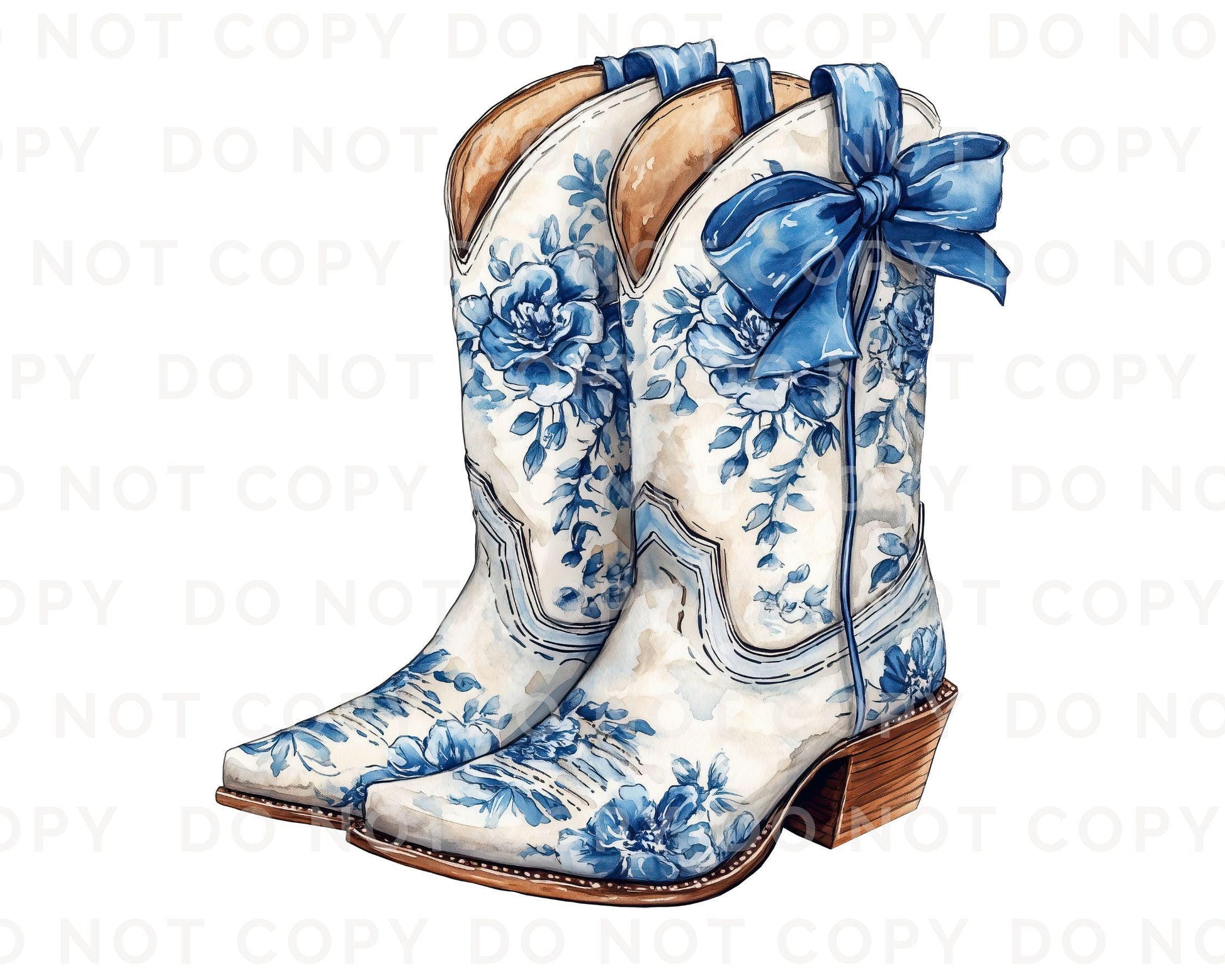 Blue Floral Boots DTF Transfer, Ready to Press, T-shirt Transfers Heat Transfer, Direct to Film, Western, Cowgirl, Coquette Blue Chinoiserie
