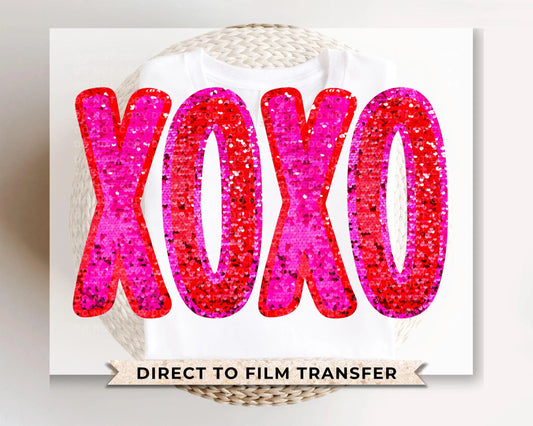 Valentine DTF Transfers, Ready to Press, T-shirt Transfers, Heat Transfer, Direct to Film, Holiday, Sparkle, Faux Sequin Pink Glitter XOXO