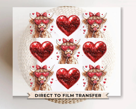 Valentine DTF Transfers, Ready to Press, T-shirt Transfers, Heat Transfer, Direct to Film, Love, Red Disco Hearts, Coquette Highland Cow