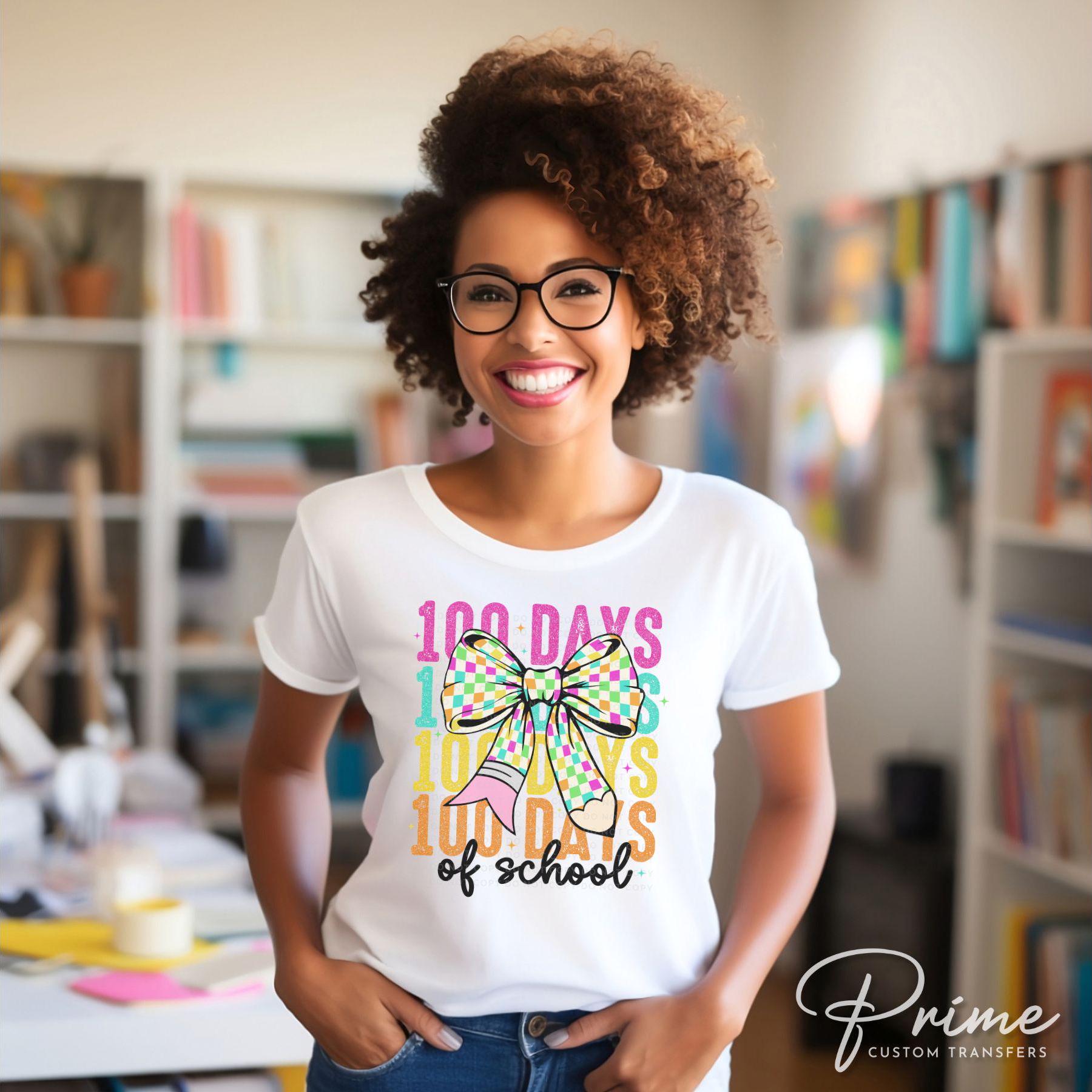 School DTF, Ready to Press, DIY T-shirt, Heat Transfer, Direct to Film, Preschool, Teacher, Colorful Checkered Coquette, 100 Days of School