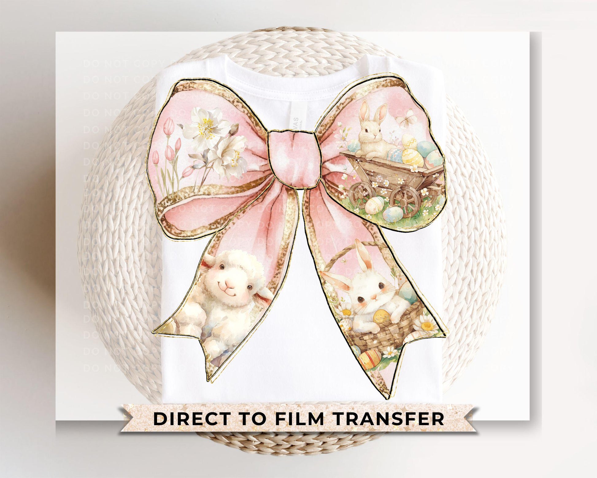 Easter DTF Transfers, Ready to Press, T-shirt Transfers, Heat Transfer, Direct to Film, Holiday, Floral, Easter Bunny Coquette Pink Bow