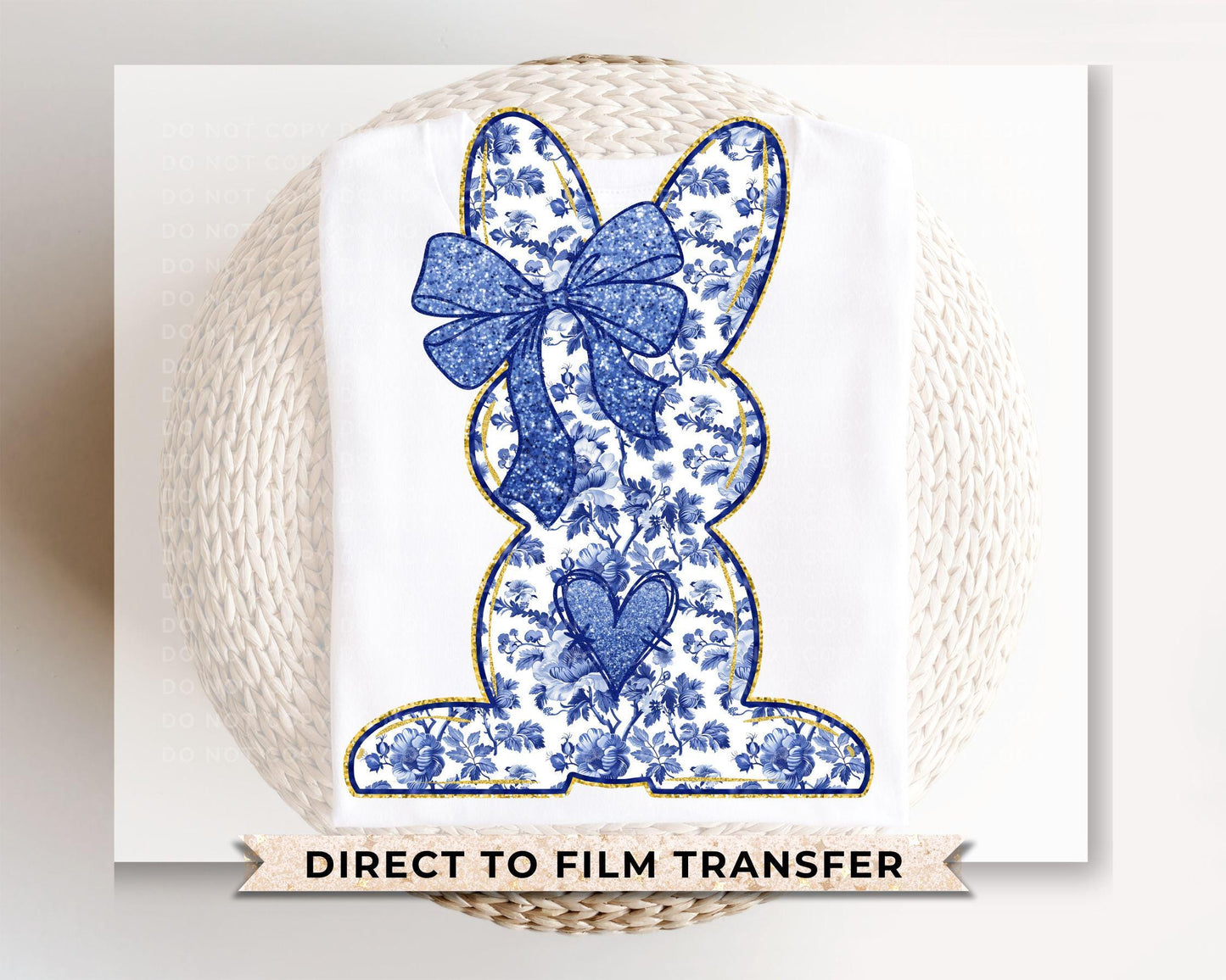 Blue Floral Bow DTF Transfer, Ready to Press, T-shirt Transfer, Heat Transfer, Direct to Film, Trendy, Preppy Coquette Toile Chinoiserie Bow