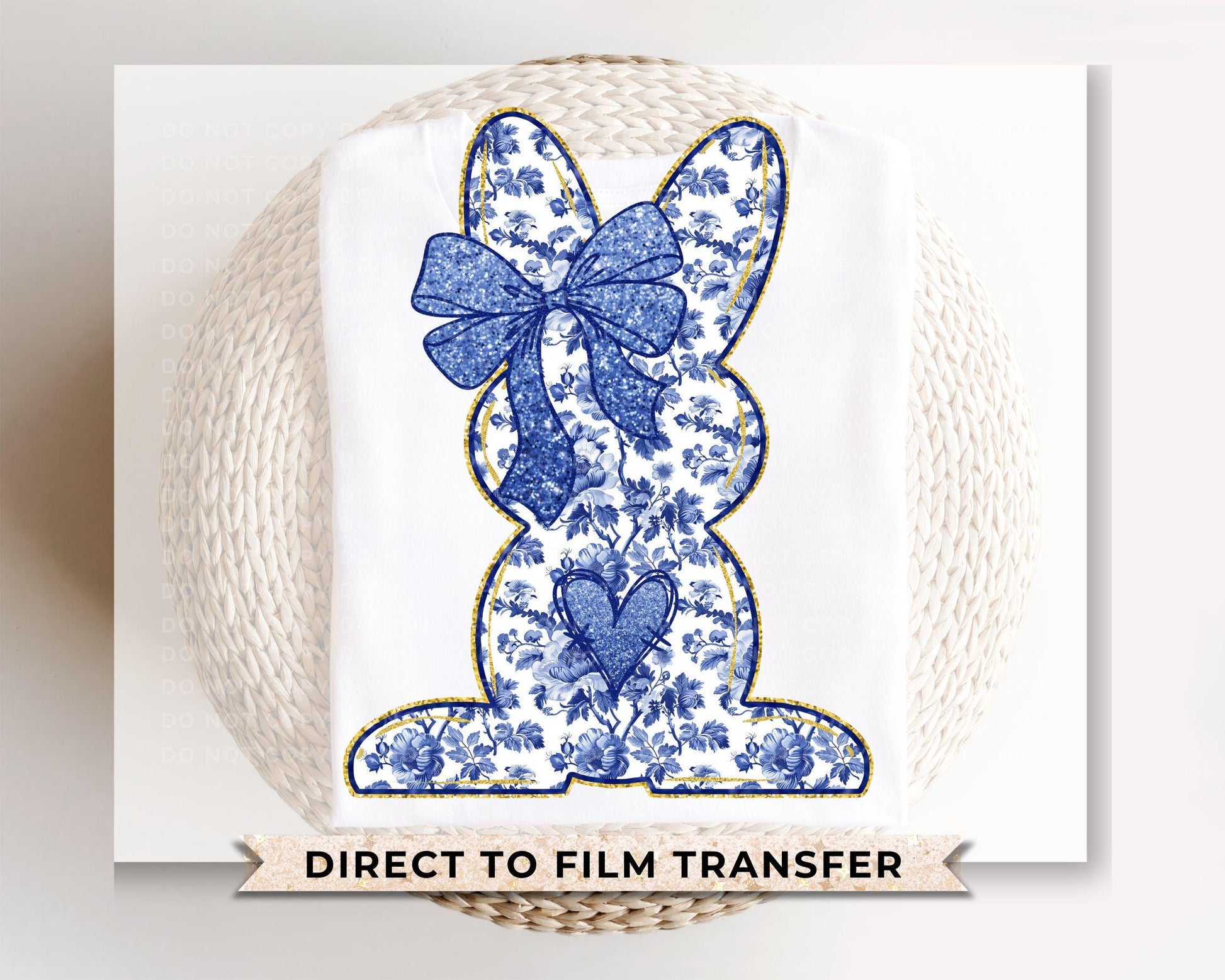 Blue Floral Bow DTF Transfer, Ready to Press, T-shirt Transfer, Heat Transfer, Direct to Film, Trendy, Preppy Coquette Toile Chinoiserie Bow