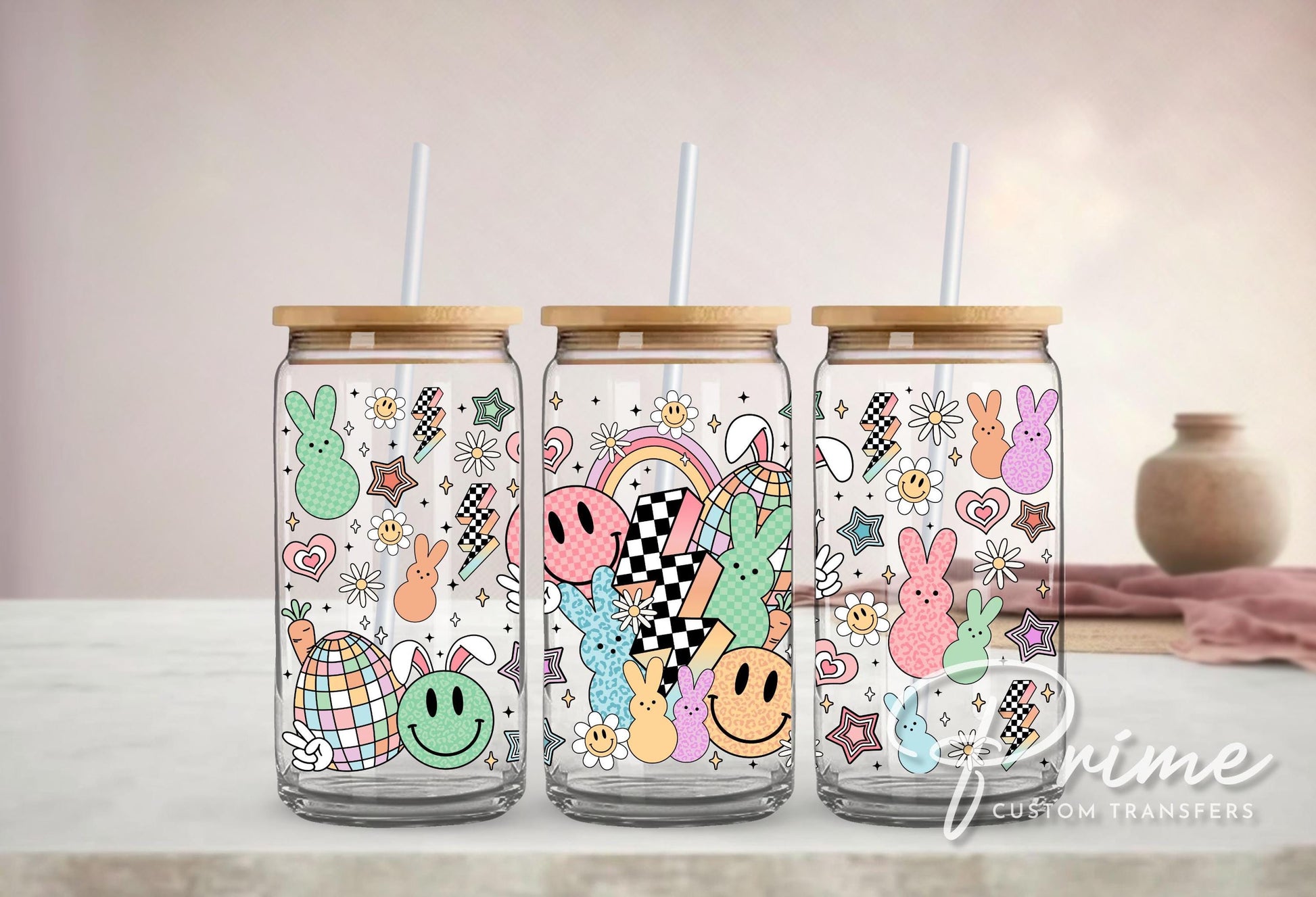 Easter UV DTF Libbey 16oz Cup Wrap Sticker, Ready to Apply, No Heat, Permanent Adhesive, Waterproof, Glass Can Tumbler, Groovy Easter Bunny