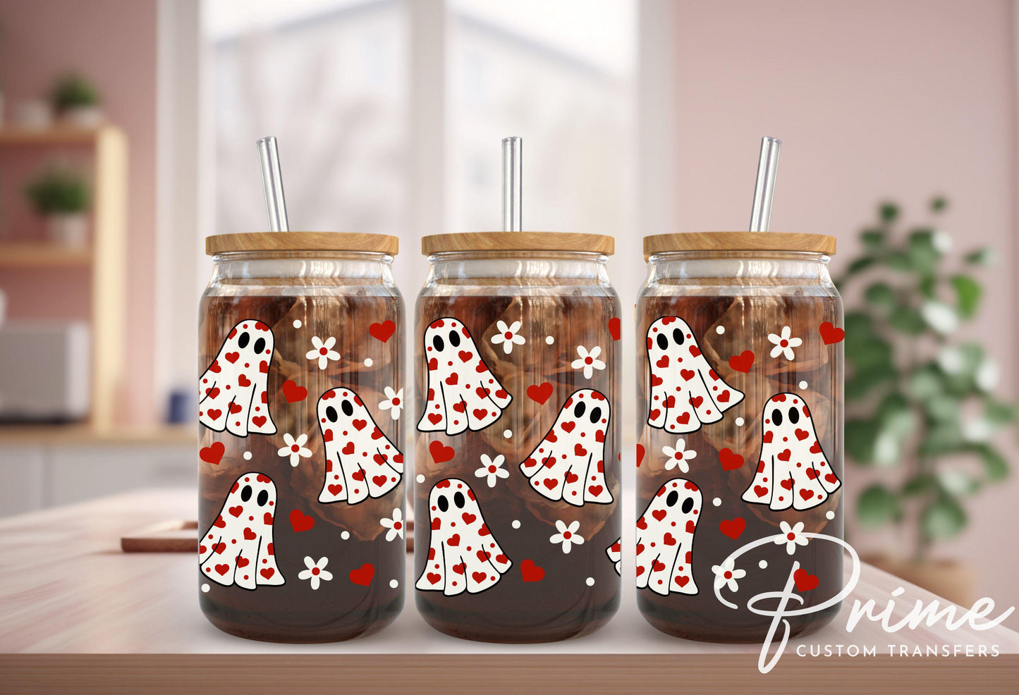 Valentine's Day UV DTF Libbey 16oz Cup Wrap Sticker, Ready to Apply, No Heat, Permanent Adhesive, Waterproof, Glass Can, Heart Ghosties