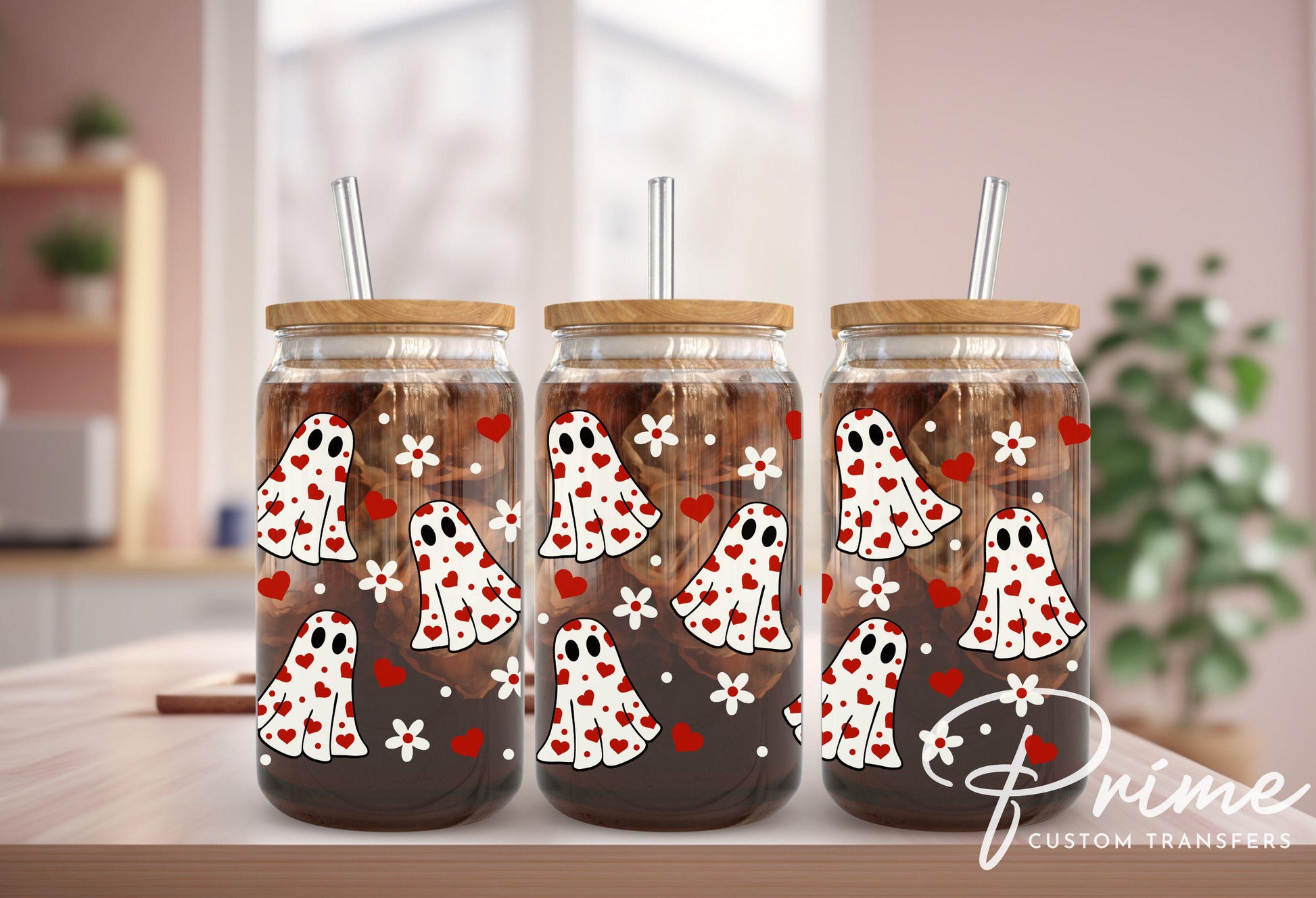 Valentine's Day UV DTF Libbey 16oz Cup Wrap Sticker, Ready to Apply, No Heat, Permanent Adhesive, Waterproof, Glass Can, Heart Ghosties