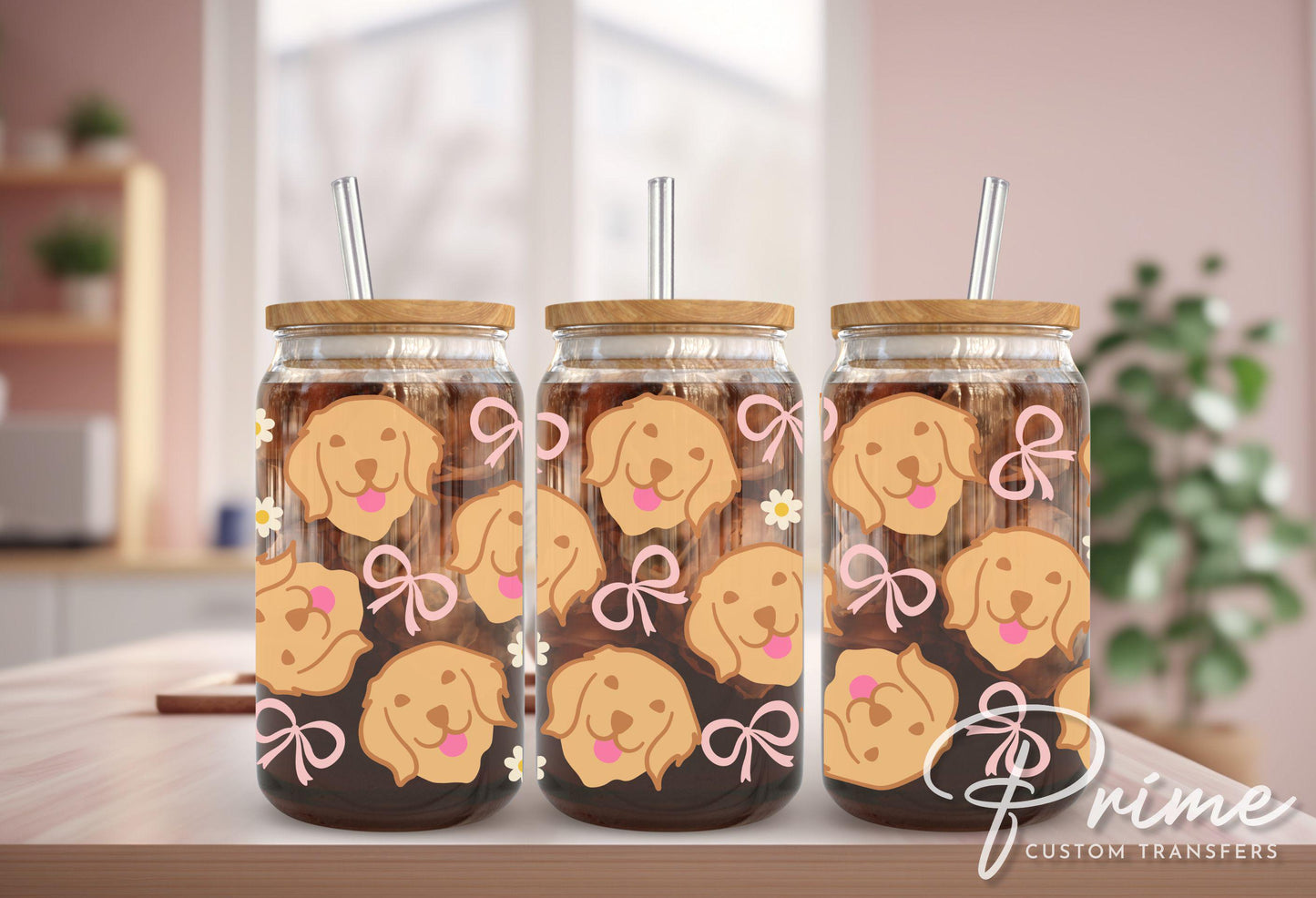 Golden Retriever UV DTF Libbey 16oz Cup Wrap Sticker, Ready to Apply, No Heat, Permanent Adhesive, Waterproof, Glass Can, Dogs and Bows