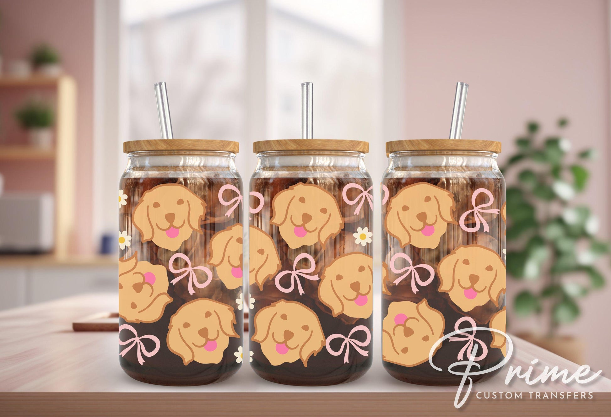 Golden Retriever UV DTF Libbey 16oz Cup Wrap Sticker, Ready to Apply, No Heat, Permanent Adhesive, Waterproof, Glass Can, Dogs and Bows