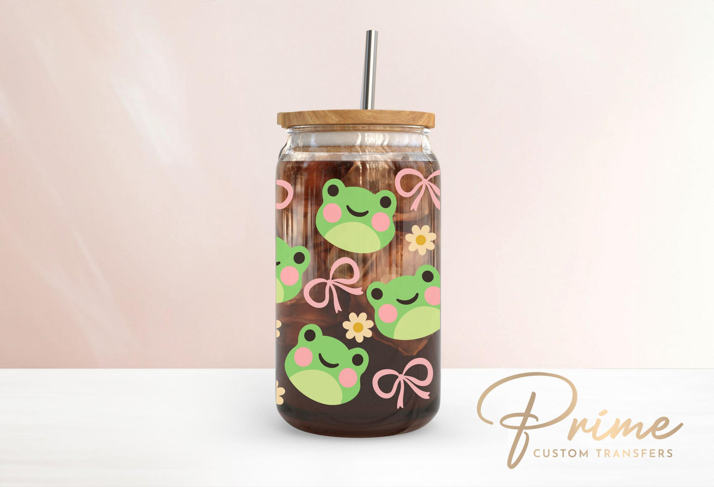 Kawaii Frog UV DTF Libbey 16oz Cup Wrap Sticker, Ready to Apply, No Heat, Permanent Adhesive, Waterproof, Glass Can, Coquette Frogs and Bows