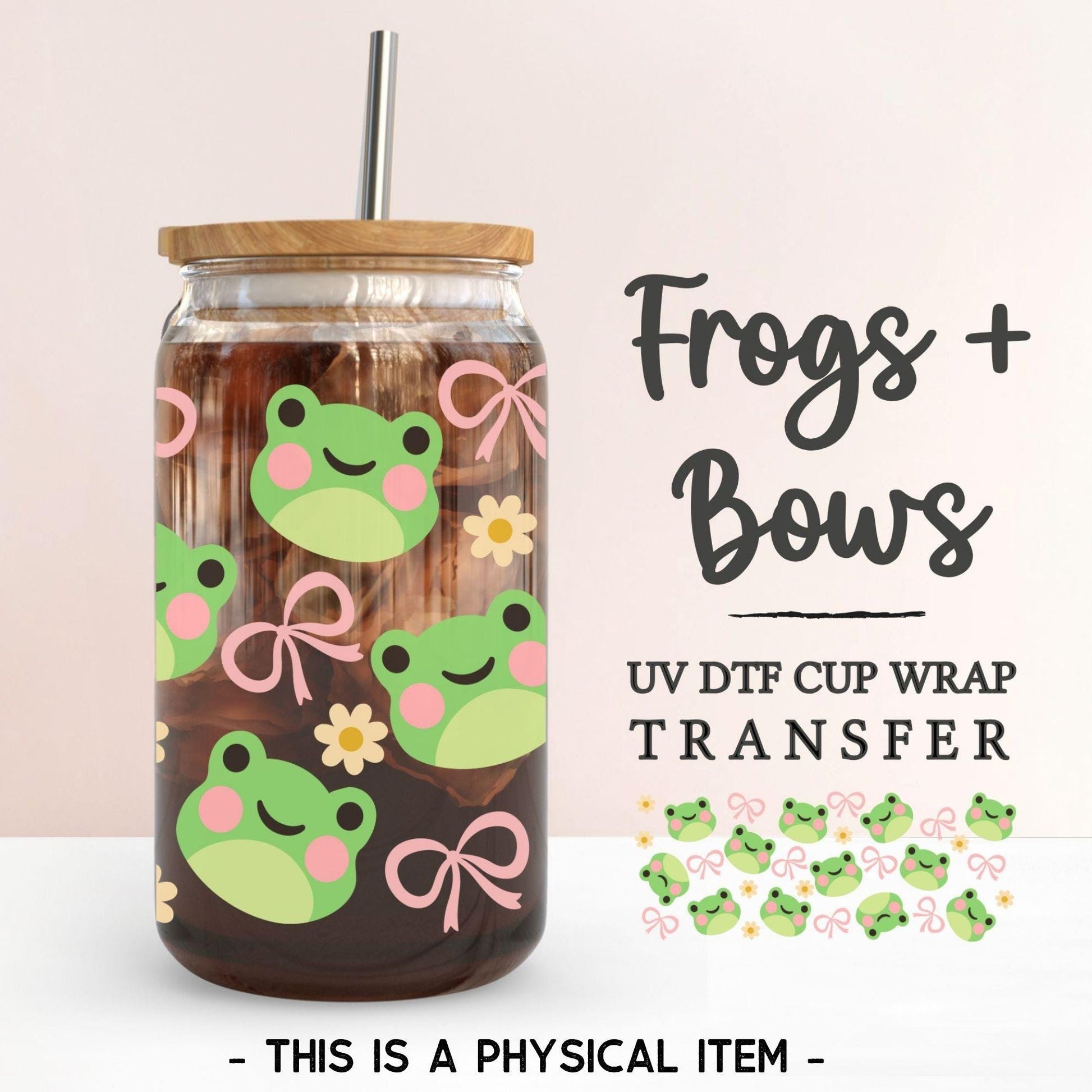 Kawaii Frog UV DTF Libbey 16oz Cup Wrap Sticker, Ready to Apply, No Heat, Permanent Adhesive, Waterproof, Glass Can, Coquette Frogs and Bows