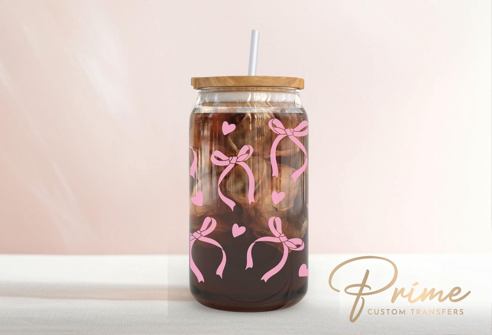 Valentine's Day UV DTF Libbey 16oz Cup Wrap Sticker, Ready to Apply, Permanent Adhesive, Waterproof, Glass Can, Coquette Hearts and Bows