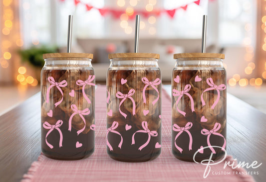 Valentine's Day UV DTF Libbey 16oz Cup Wrap Sticker, Ready to Apply, Permanent Adhesive, Waterproof, Glass Can, Coquette Hearts and Bows