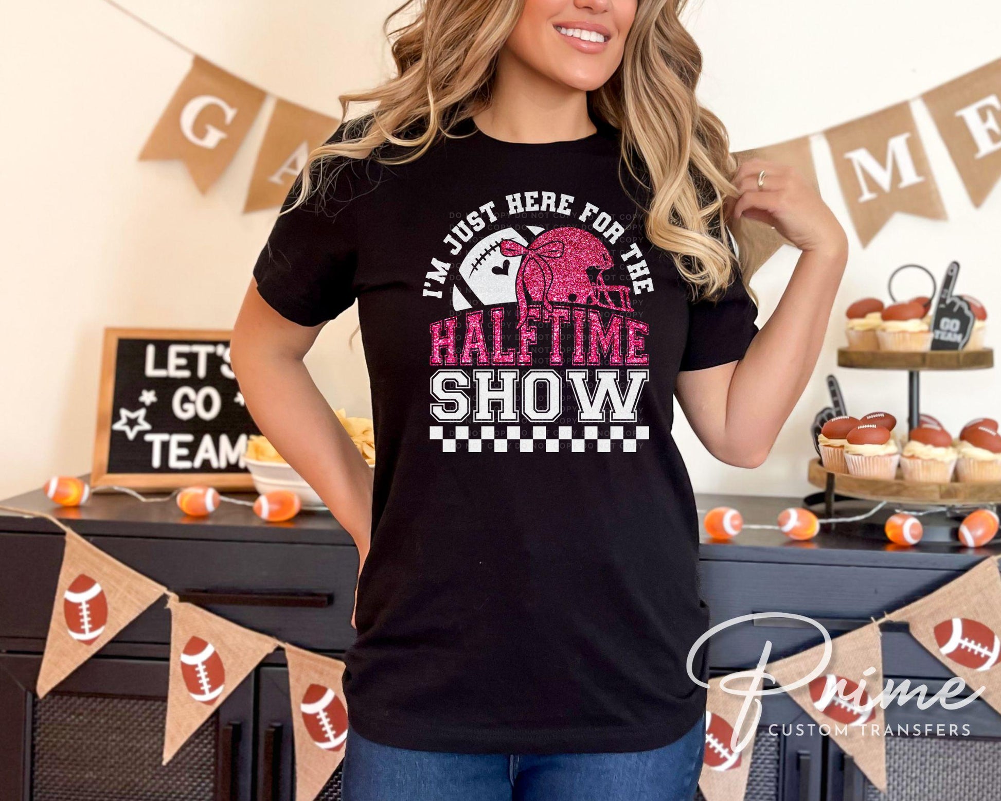 Football DTF Transfer, Ready to Press, Tshirt Transfer, Heat Transfer, Direct to Film, I'm Just Here For Halftime Show Sparkly Faux Sequins