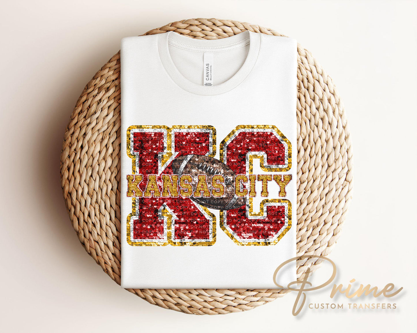 Football DTF Transfer, Ready to Press, T-shirt Transfer, Heat Transfer, Direct to Film, Sports Fan, FAUX Glitter, KC Kansas City Faux Sequin