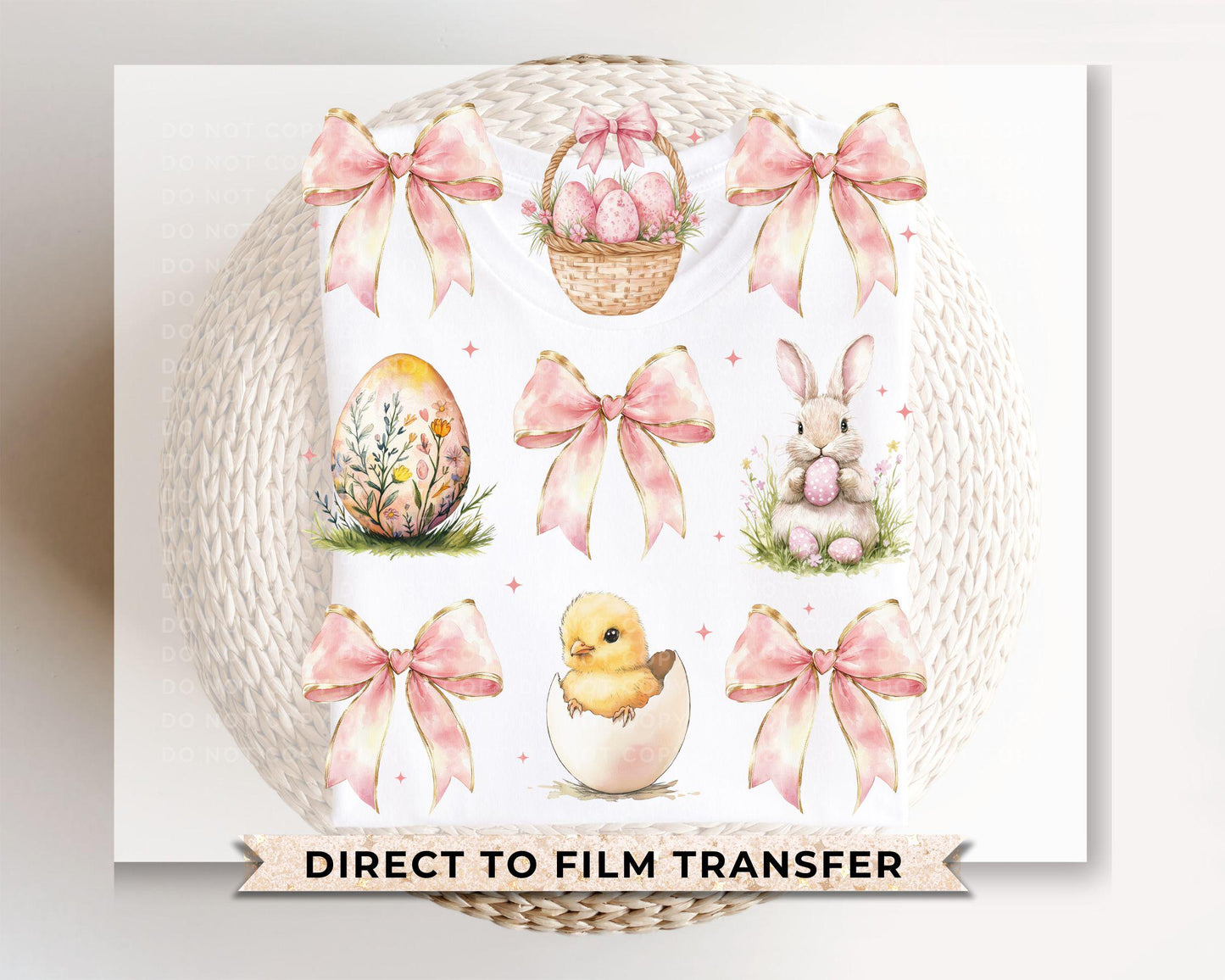 Easter DTF Transfer, Ready to Press, T-shirt Transfer, Heat Transfer, Direct to Film, Floral, Happy Easter Bunny Bow Egg, Coquette Pink Bow