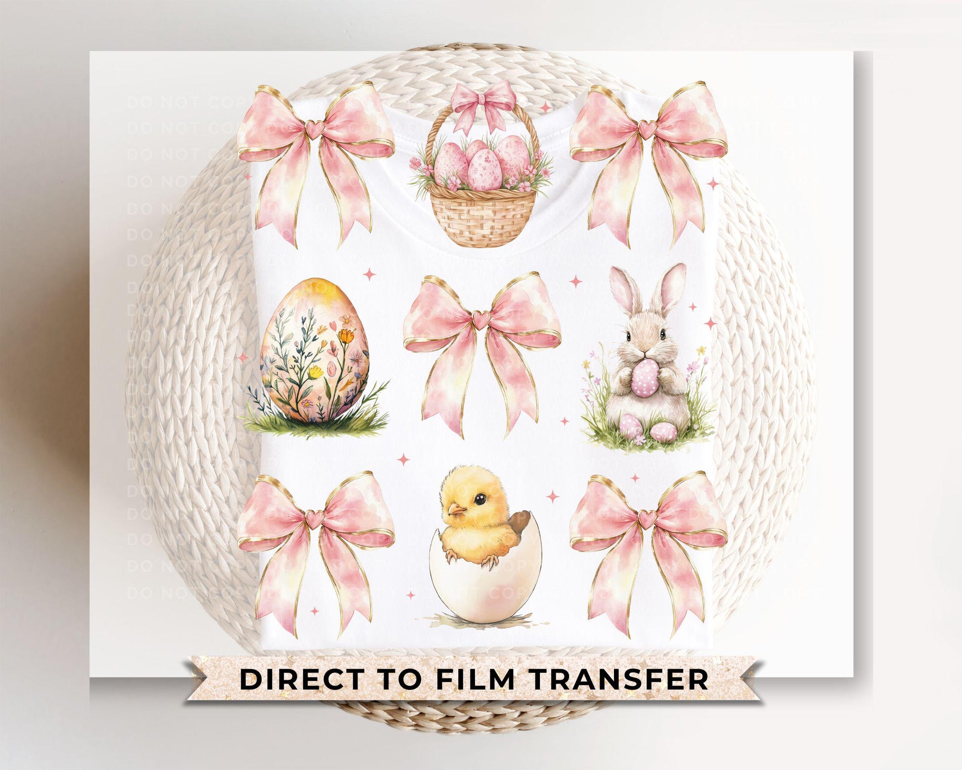 Easter DTF Transfer, Ready to Press, T-shirt Transfer, Heat Transfer, Direct to Film, Floral, Happy Easter Bunny Bow Egg, Coquette Pink Bow