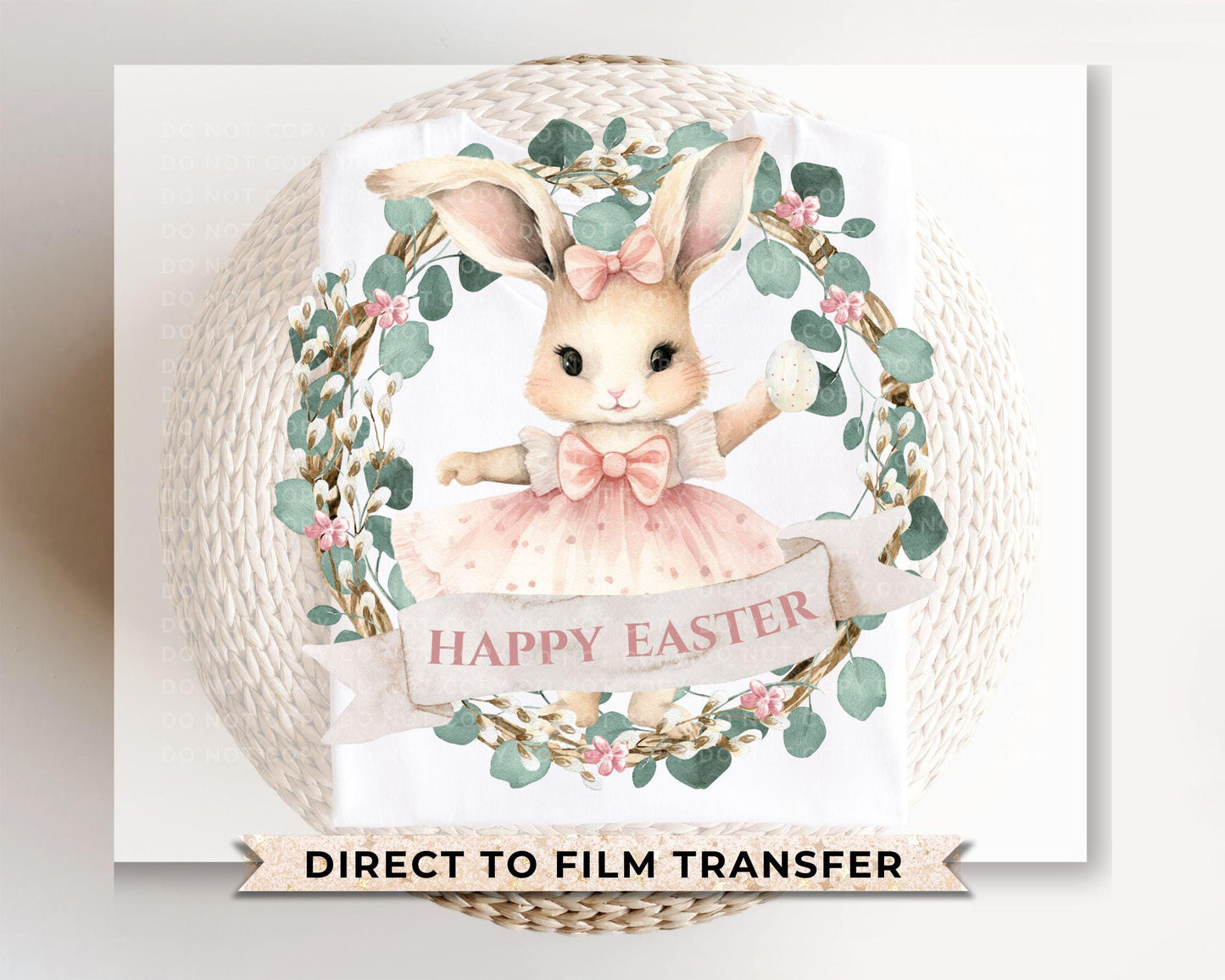 Easter DTF Transfer, Ready to Press, T-shirt Transfer, Heat Transfer, Direct to Film, Floral, Rabbit, Girl Shirt, Bunny Happy Easter Wreath