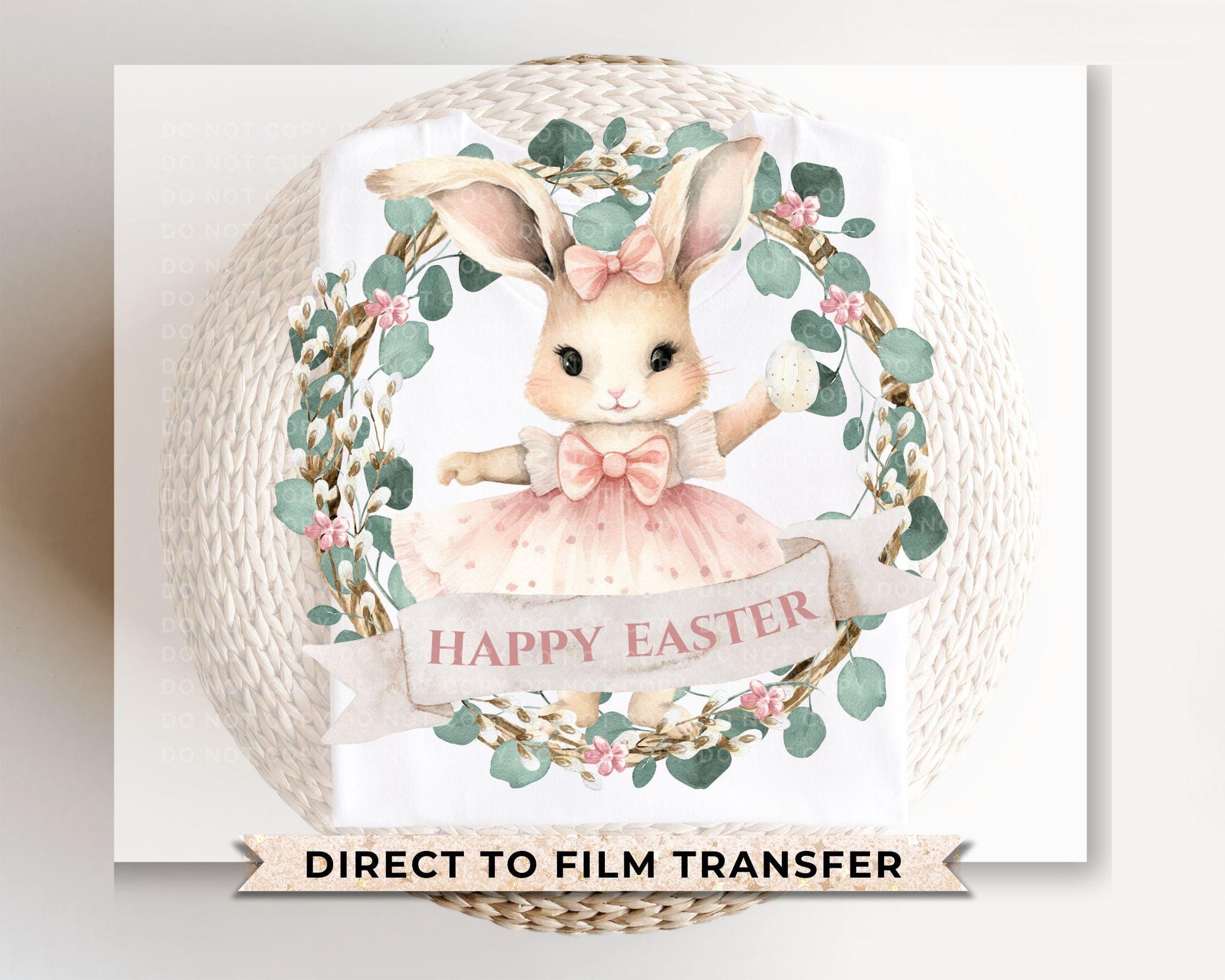 Easter DTF Transfer, Ready to Press, T-shirt Transfer, Heat Transfer, Direct to Film, Floral, Rabbit, Girl Shirt, Bunny Happy Easter Wreath