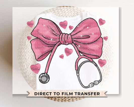 Valentine's Day DTF Transfer, Ready to Press, T-shirt Transfer, Heat Transfer, Direct to Film, CNA, Nurse, Coquette Pink Stethoscope Bow