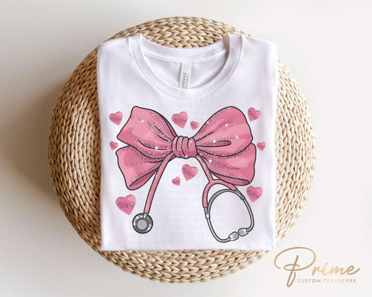 Valentine's Day DTF Transfer, Ready to Press, T-shirt Transfer, Heat Transfer, Direct to Film, CNA, Nurse, Coquette Pink Stethoscope Bow