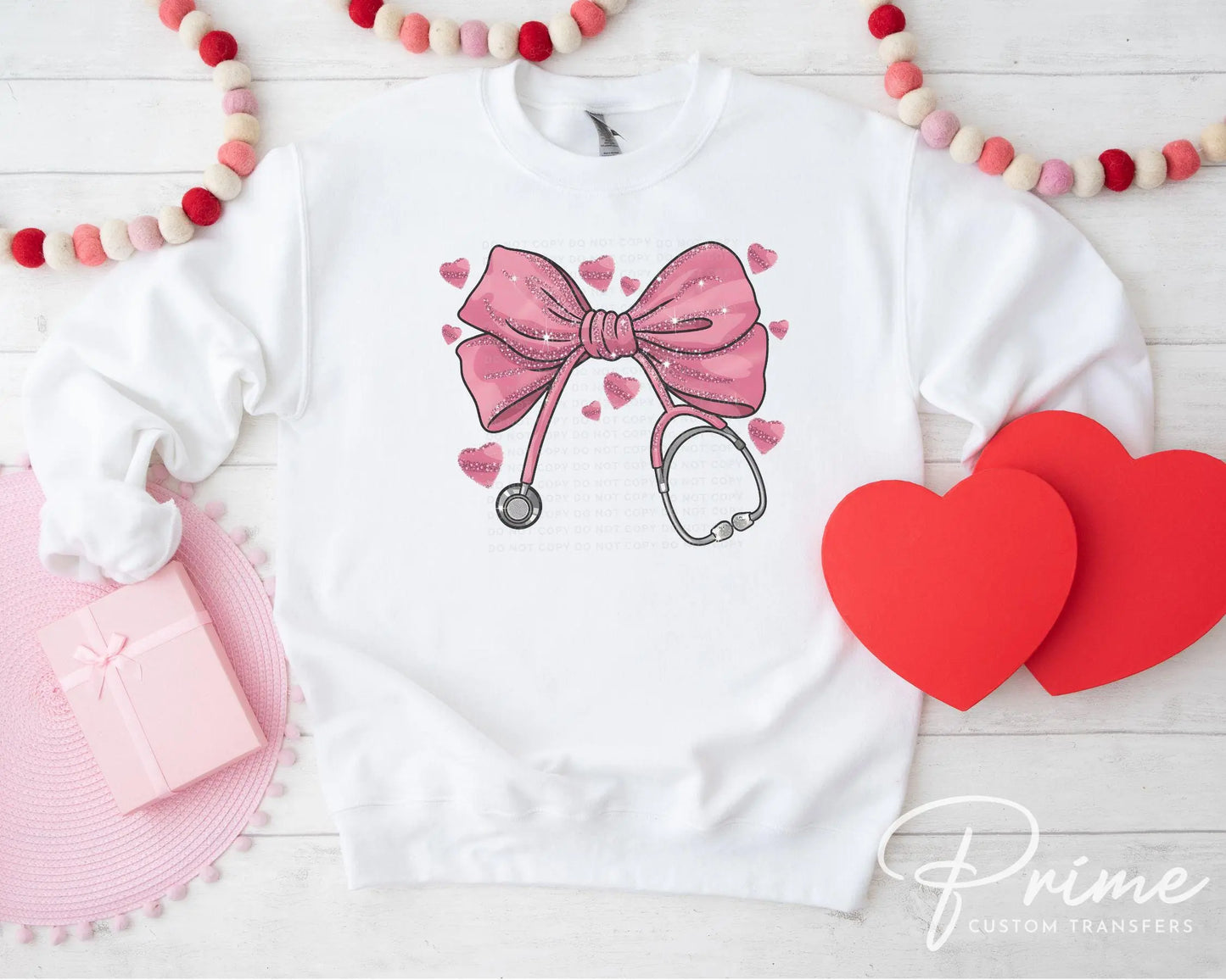 Valentine's Day DTF Transfer, Ready to Press, T-shirt Transfer, Heat Transfer, Direct to Film, CNA, Nurse, Coquette Pink Stethoscope Bow
