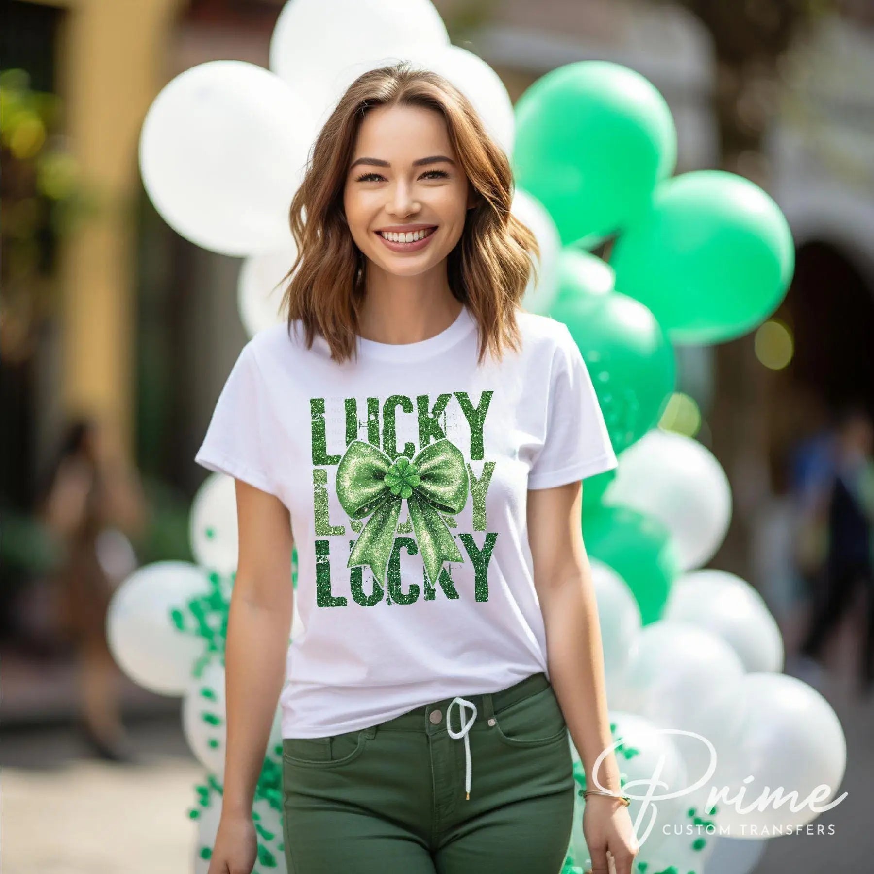 St. Patrick's Day DTF Transfer, Ready to Press, T-shirt Transfer, Heat Transfer, Direct to Film, Cute Shamrock, Coquette FAUX Glitter Lucky